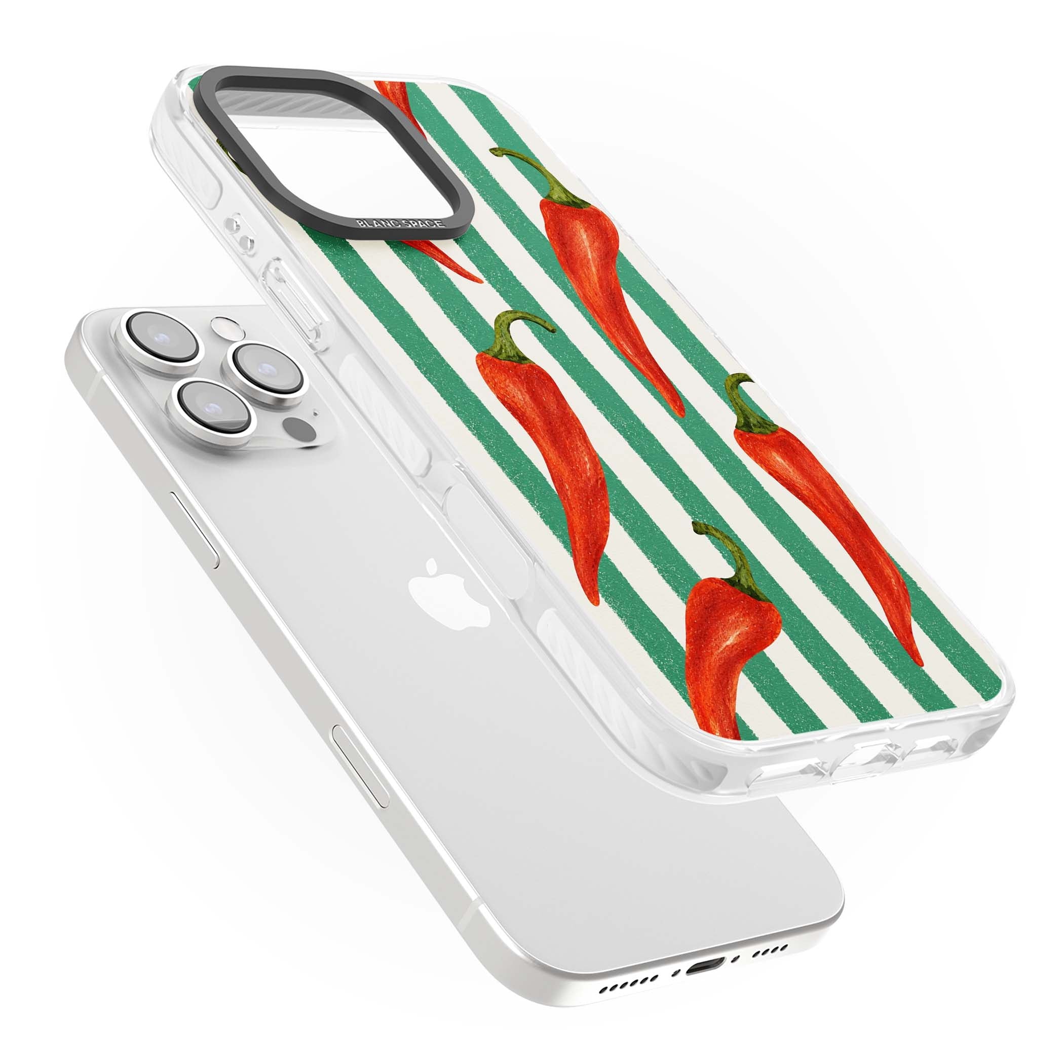 Striped Chillis coastal iPhone case featuring hand-painted red chili peppers on green and cream stripes | Clear Impact case for iPhone 16 Pro, iPhone 16 Pro Max