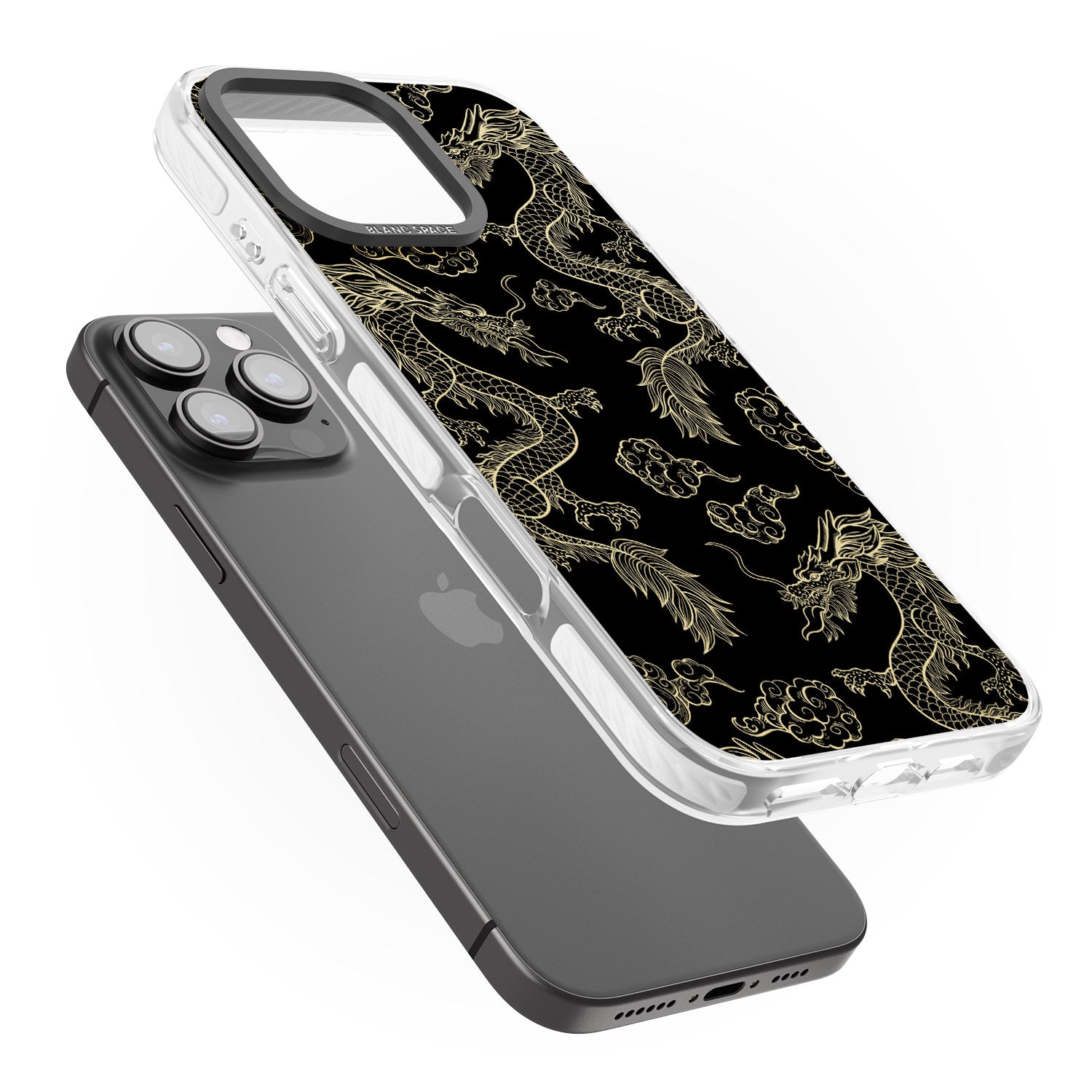 iPhone 16 Pro Max Black and Gold Dragon Pattern Black Impact Phone Case