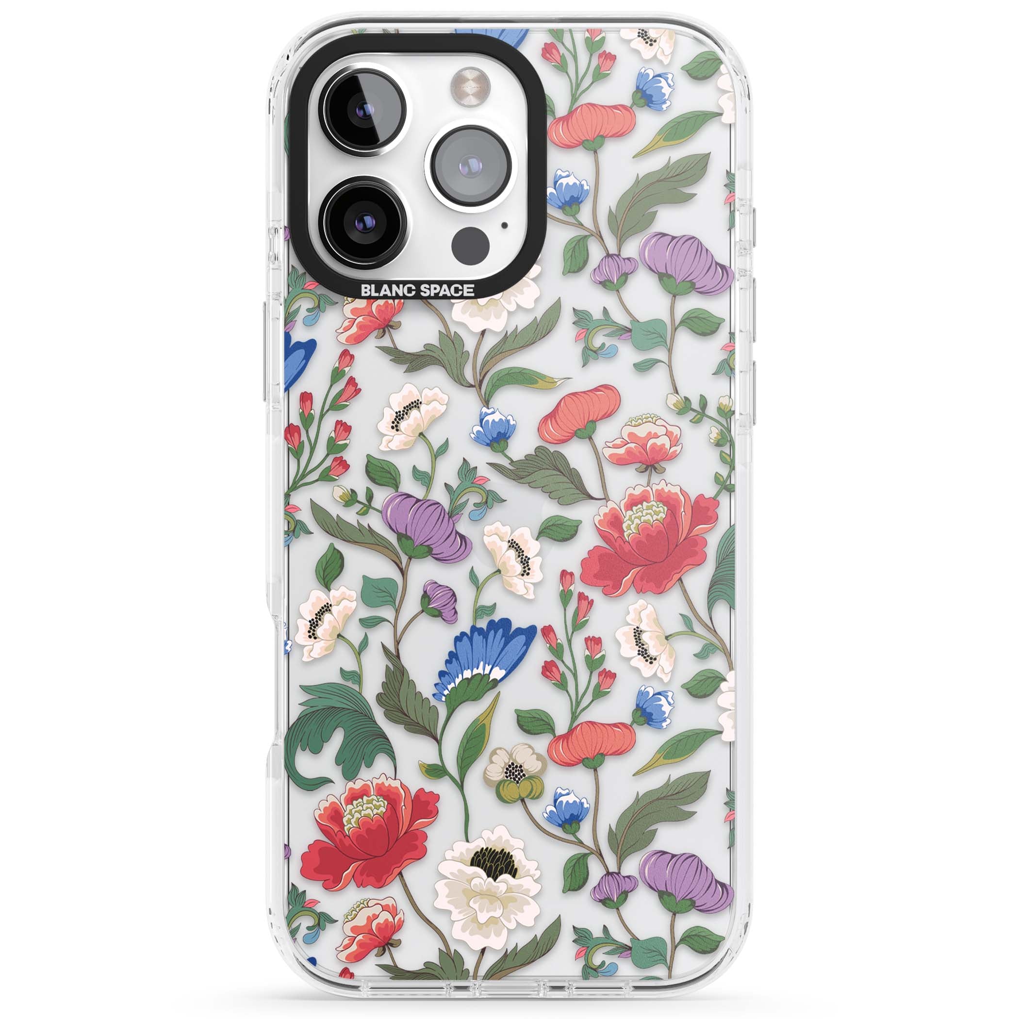 Chinoiserie Bloom vintage floral iPhone case featuring hand-painted peonies, poppies and trailing wildflowers on clear... | Clear Impact case for iPhone 16 Pro, iPhone 16 Pro Max