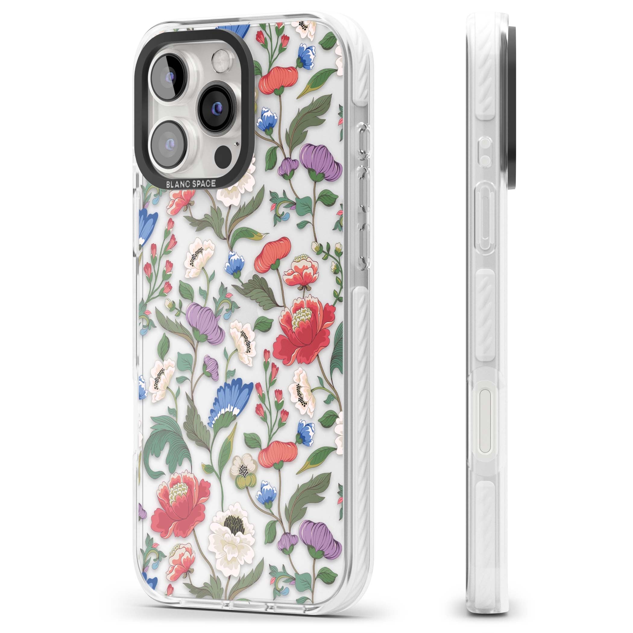 Chinoiserie Bloom vintage floral iPhone case featuring hand-painted peonies, poppies and trailing wildflowers on clear... | Clear Impact case for iPhone 16 Pro, iPhone 16 Pro Max