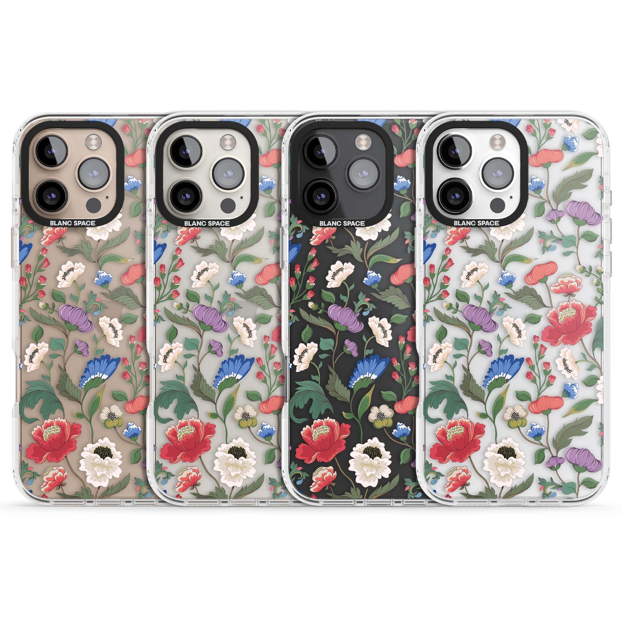 Chinoiserie Bloom vintage floral iPhone case featuring hand-painted peonies, poppies and trailing wildflowers on clear... | Clear Impact case for iPhone 16 Pro, iPhone 16 Pro Max