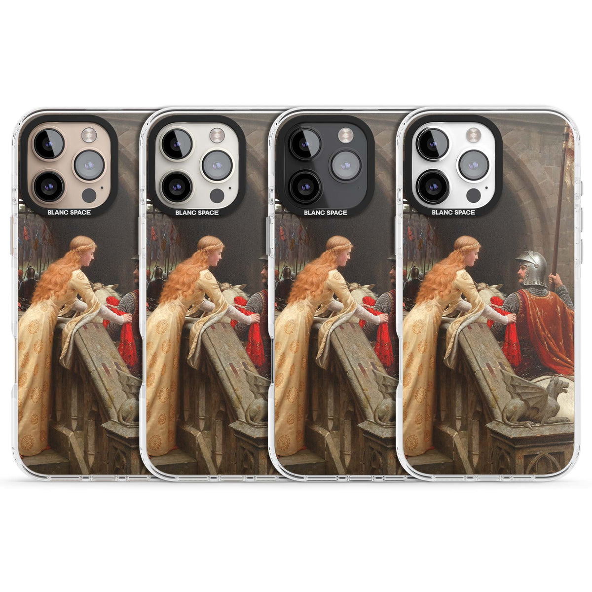 God Speed fine art iPhone case featuring Edmund Blair Leighton's medieval knight and lady beneath a stone archway | Clear Impact case for iPhone 16 Pro, iPhone 16 Pro Max
