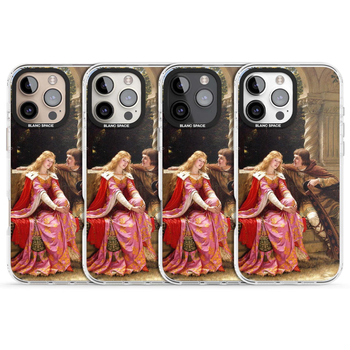 The End of the Song classic art iPhone case featuring a medieval lady in pink gown and her knight in a stone archway | Clear Impact case for iPhone 16 Pro, iPhone 16 Pro Max