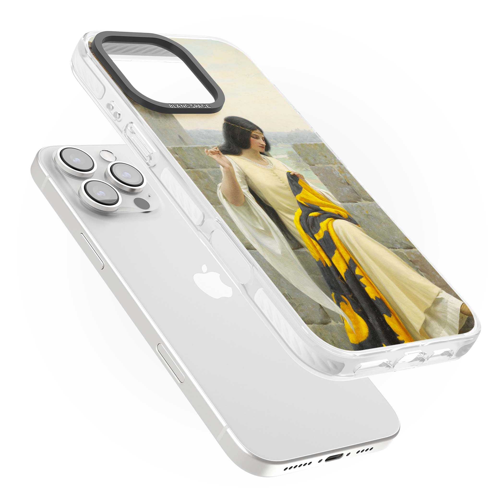 Stitching the Standard renaissance art iPhone case featuring a medieval lady sewing a golden banner on a castle wall | Clear Impact case for iPhone 16 Pro, iPhone 16 Pro Max