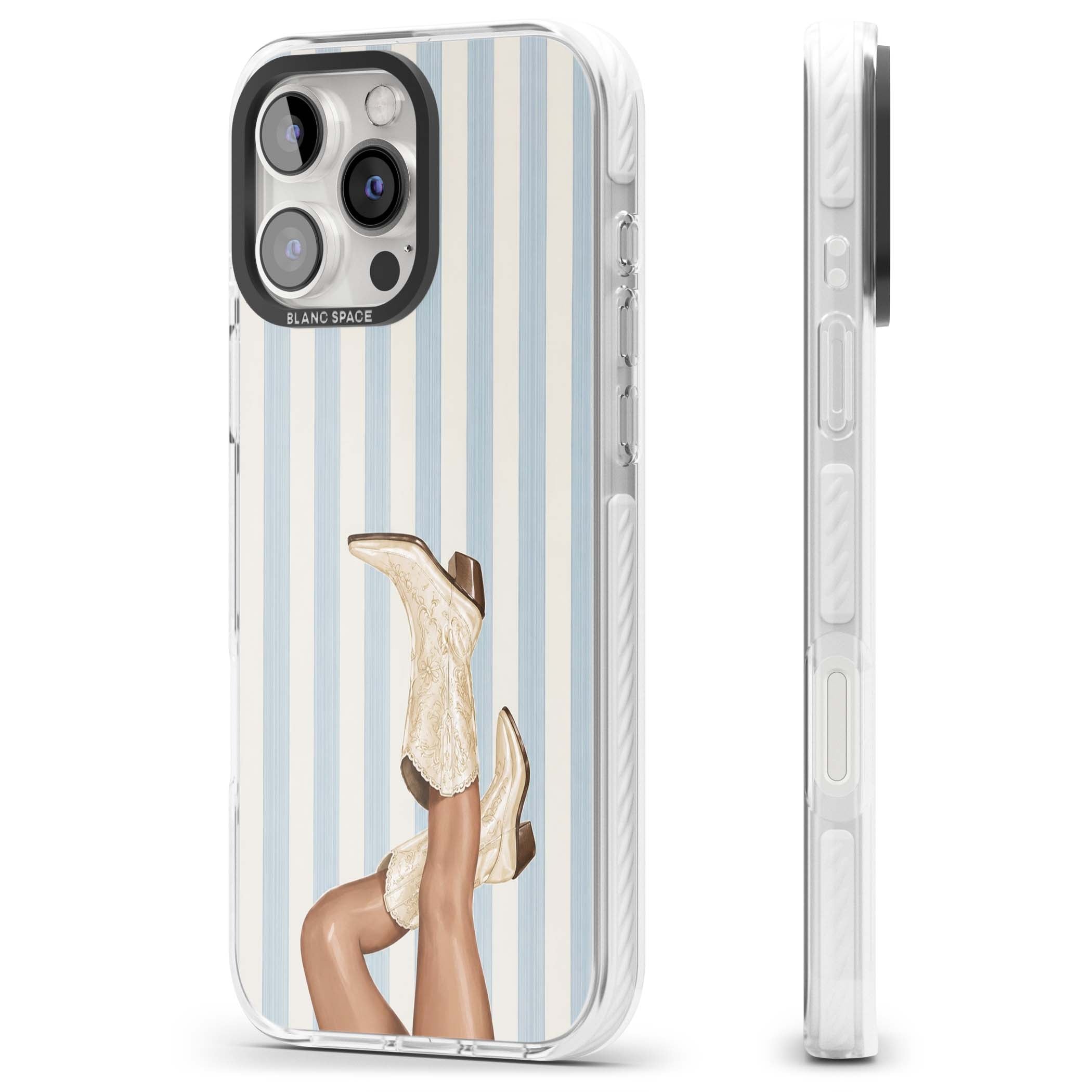 Cowgirl Boots coastal cowgirl iPhone case featuring embroidered western boots, tanned legs and a blue stripe backdrop | Clear Impact case for iPhone 16 Pro, iPhone 16 Pro Max