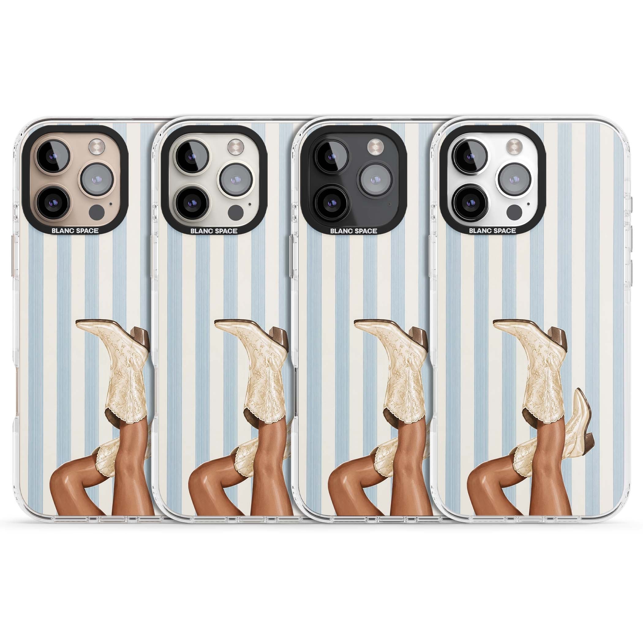 Cowgirl Boots coastal cowgirl iPhone case featuring embroidered western boots, tanned legs and a blue stripe backdrop | Clear Impact case for iPhone 16 Pro, iPhone 16 Pro Max