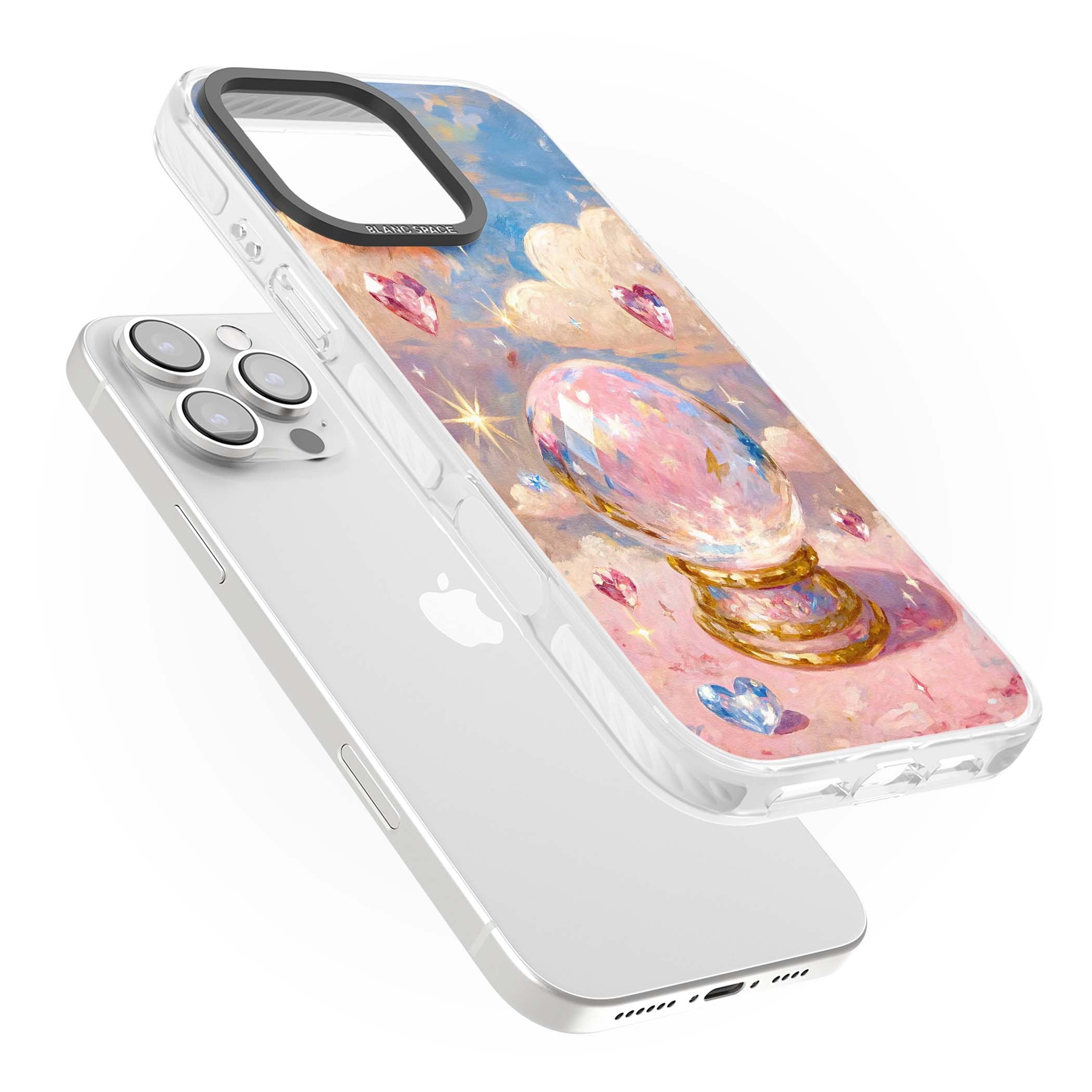 Crystal Ball fairycore iPhone case featuring a painted crystal ball, heart gemstones, and pastel clouds | Clear Impact case for iPhone 16 Pro, iPhone 16 Pro Max