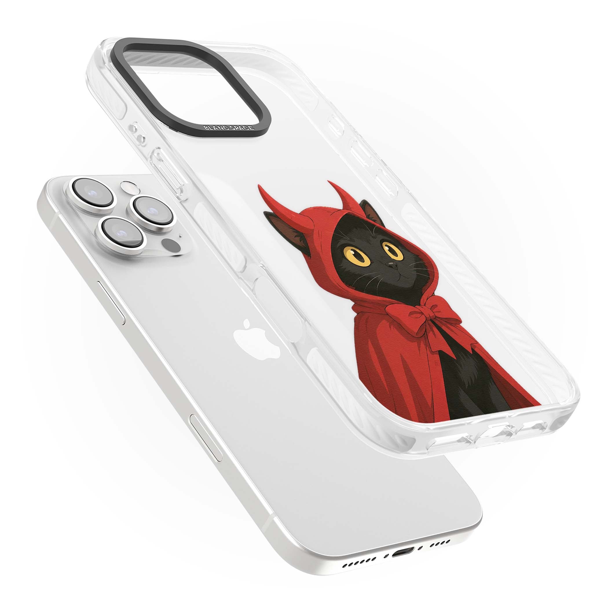 Little Devil halloween iPhone case featuring a black cat in a red hooded devil cloak with horns and golden eyes | Clear Impact case for iPhone 16 Pro, iPhone 16 Pro Max
