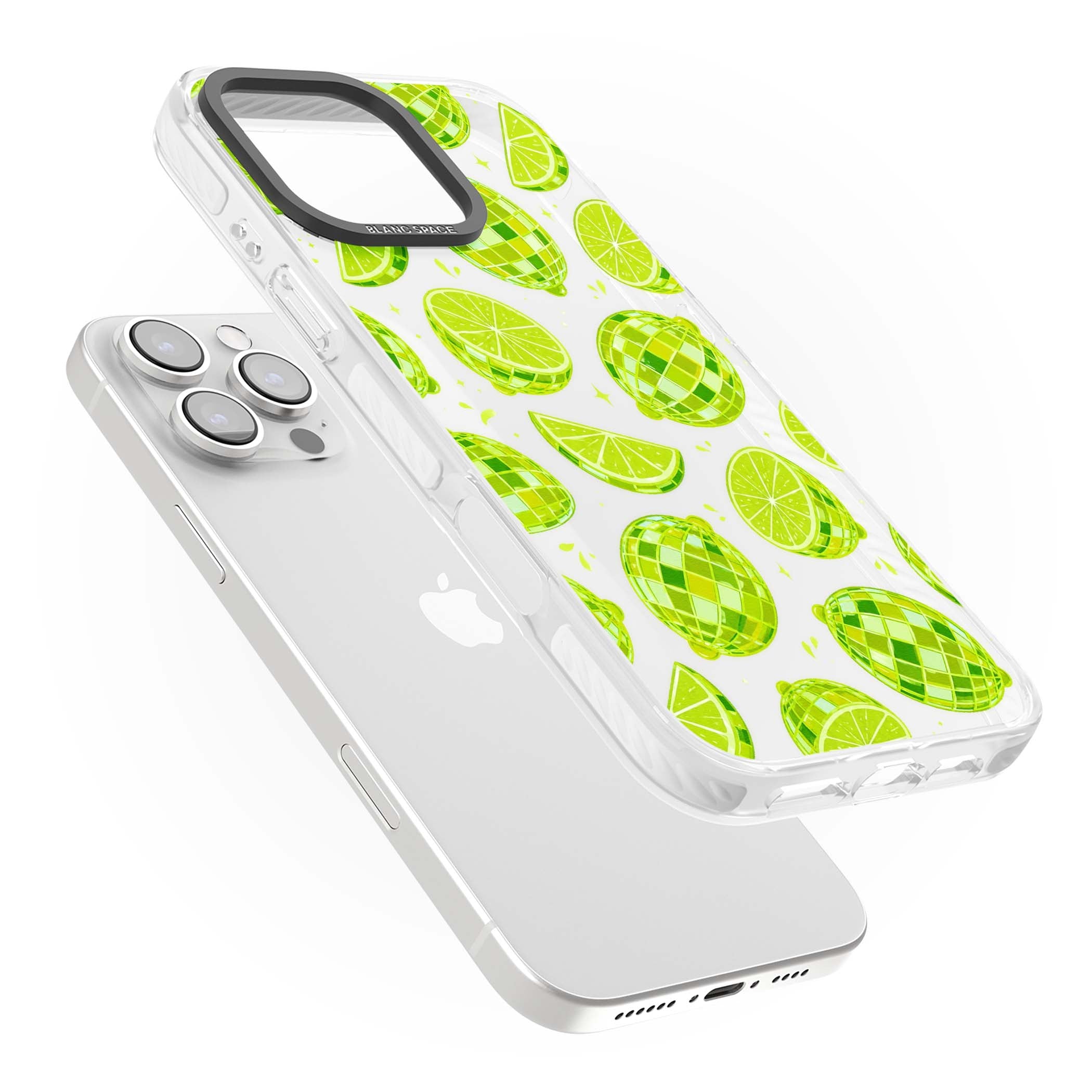 Disco Limes fruit aesthetic iPhone case featuring green disco balls, lime slices and citrus sparkles | Clear Impact case for iPhone 16 Pro, iPhone 16 Pro Max