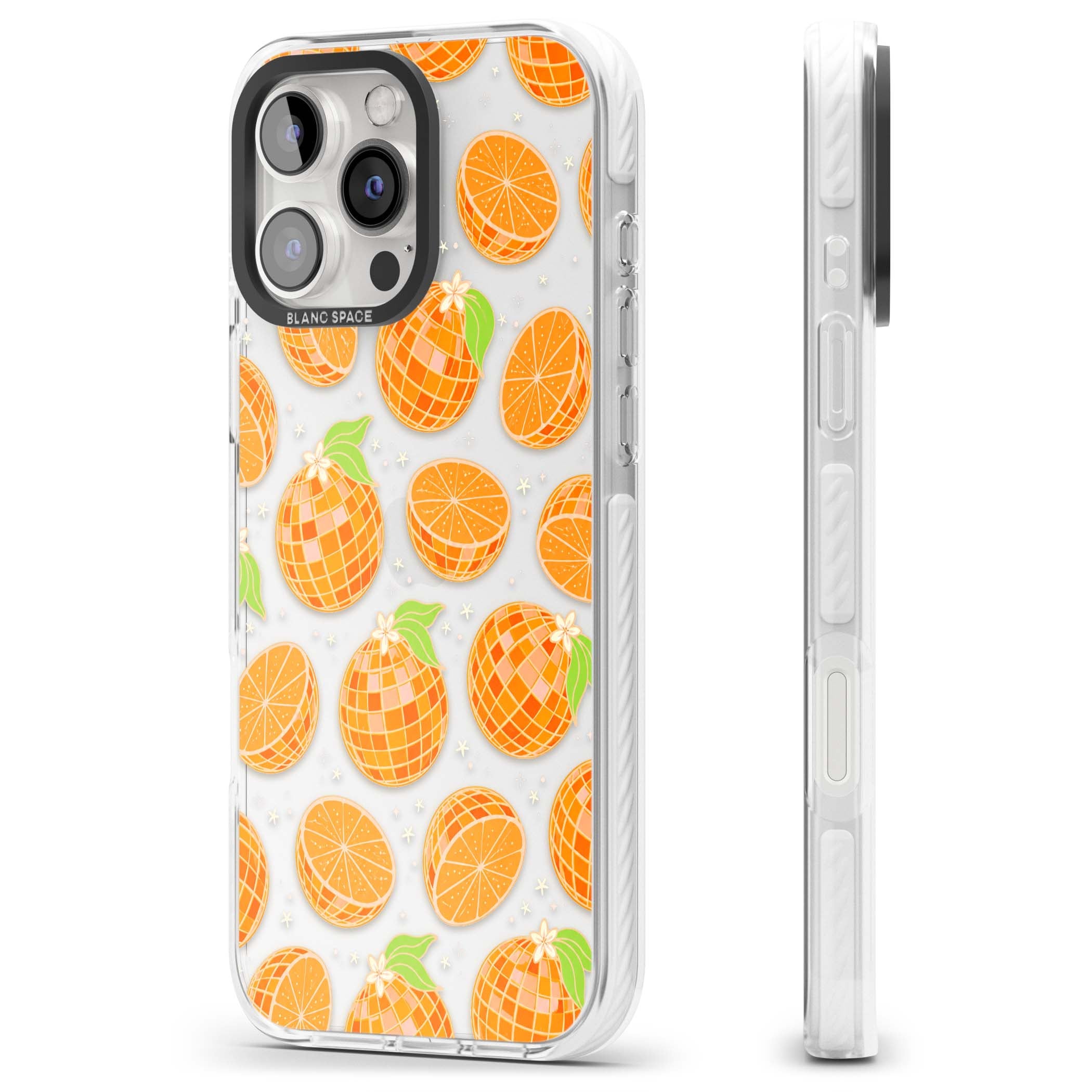 Disco Oranges retro iPhone case featuring mirrorball oranges, citrus slices and tiny blossoms on clear | Clear Impact case for iPhone 16 Pro, iPhone 16 Pro Max