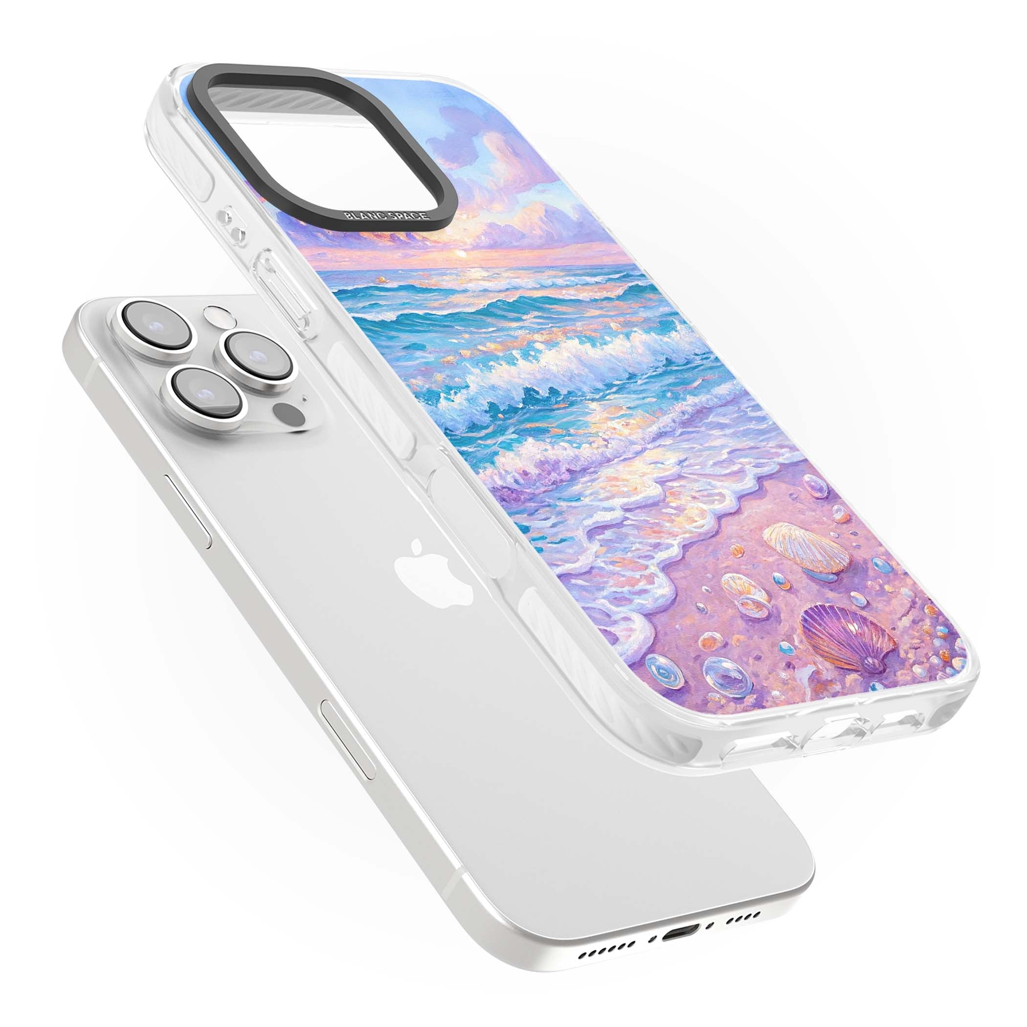 Pearl Shore coastal iPhone case featuring pastel painted waves, seashells, and a sunrise sky over a lavender beach. | Clear Impact case for iPhone 16 Pro, iPhone 16 Pro Max