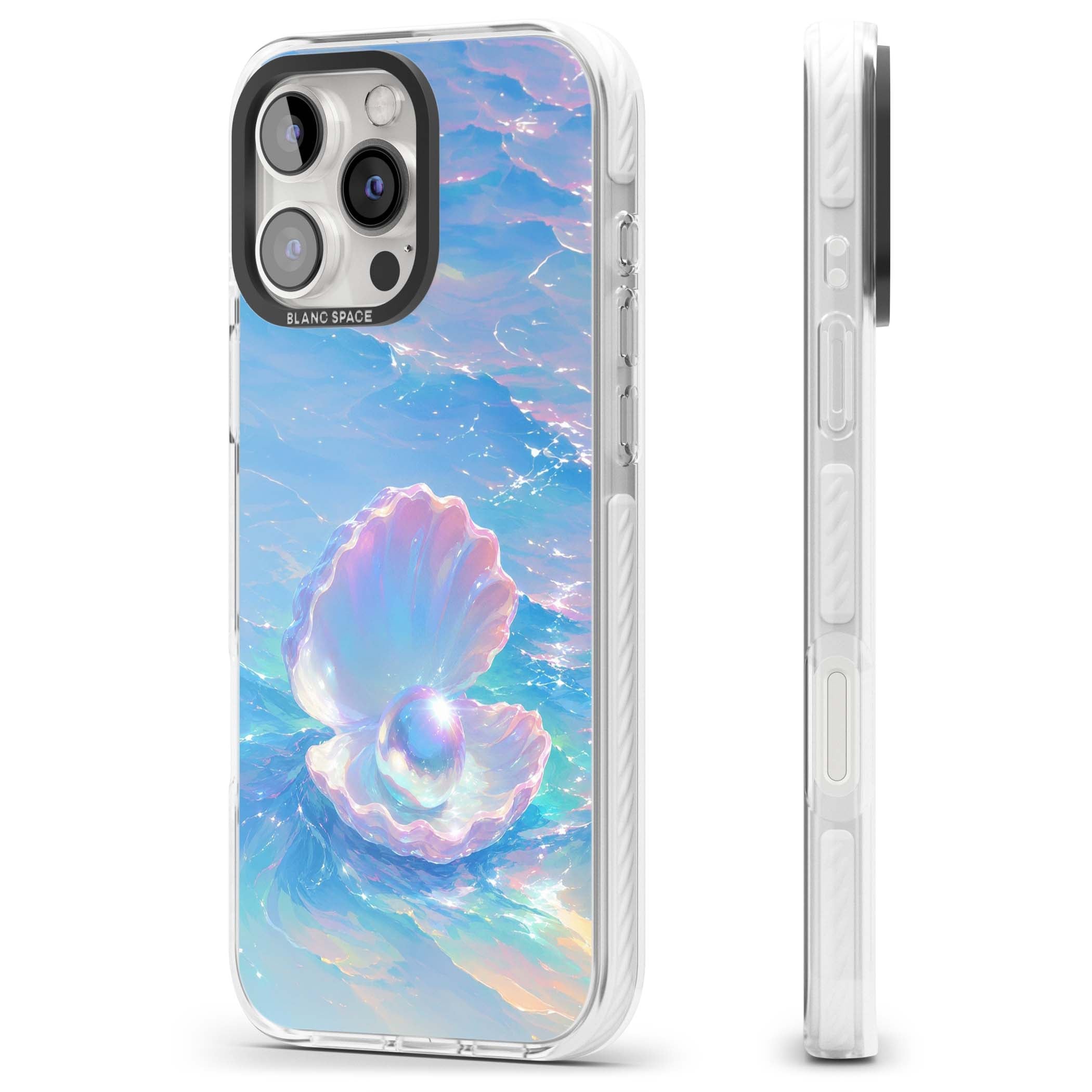 The Pearl Clam mermaidcore iPhone case featuring iridescent seashell, glowing pearl and pastel ocean waves | Clear Impact case for iPhone 16 Pro, iPhone 16 Pro Max