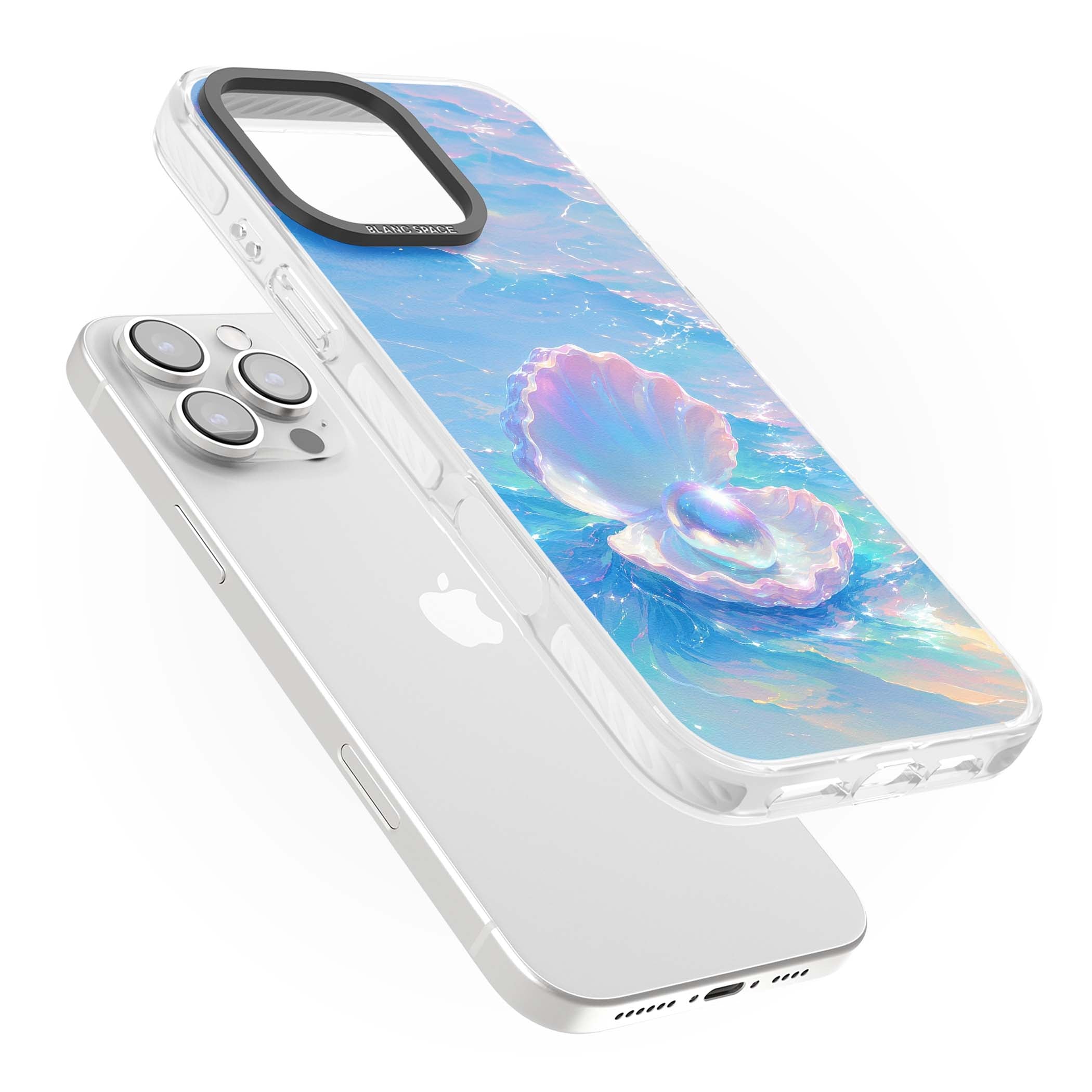 The Pearl Clam mermaidcore iPhone case featuring iridescent seashell, glowing pearl and pastel ocean waves | Clear Impact case for iPhone 16 Pro, iPhone 16 Pro Max