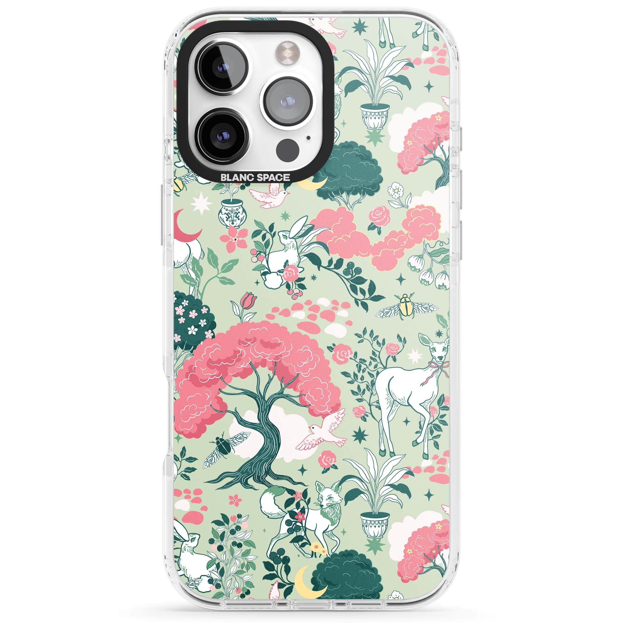 Enchanted Woodland cottagecore iPhone case featuring white deer, pink roses, mushrooms and woodland animals on sage green | Clear Impact case for iPhone 16 Pro, iPhone 16 Pro Max