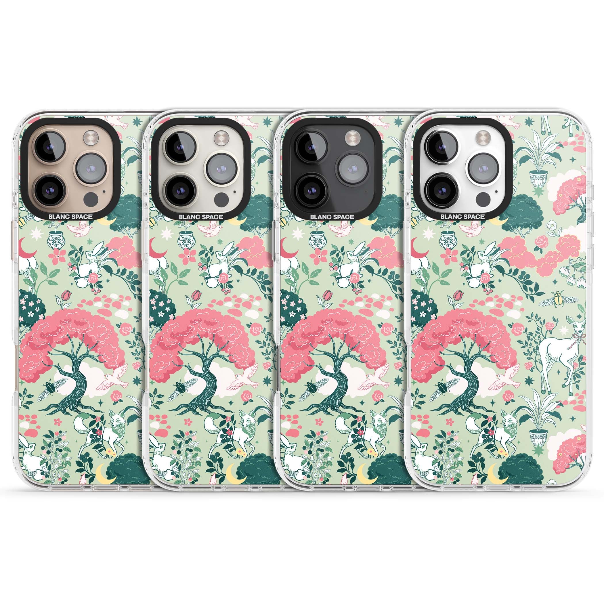 Enchanted Woodland cottagecore iPhone case featuring white deer, pink roses, mushrooms and woodland animals on sage green | Clear Impact case for iPhone 16 Pro, iPhone 16 Pro Max