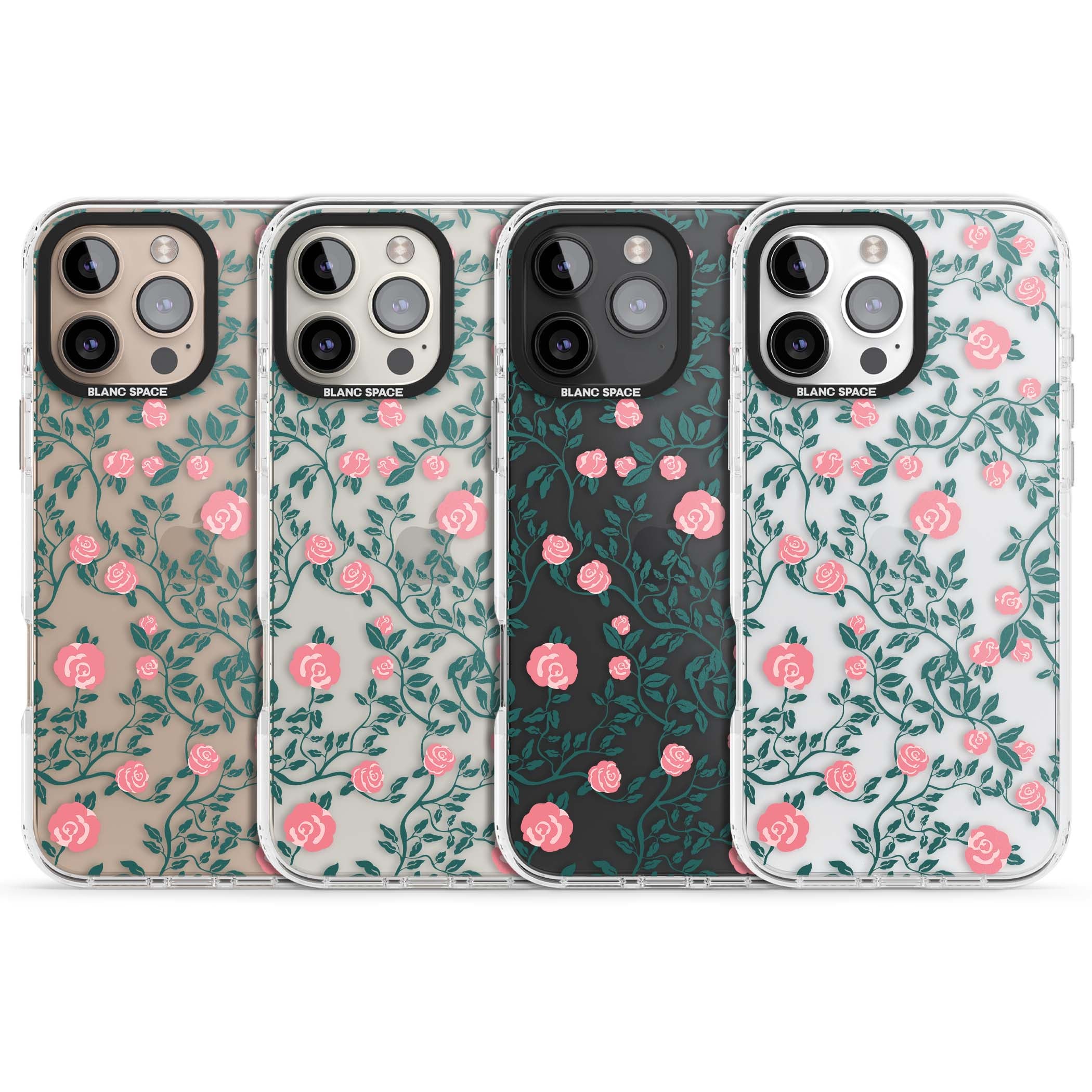 Rose Trellis (Clear) cottagecore iPhone case featuring pink climbing roses and green leaves on clear background | Clear Impact case for iPhone 16 Pro, iPhone 16 Pro Max