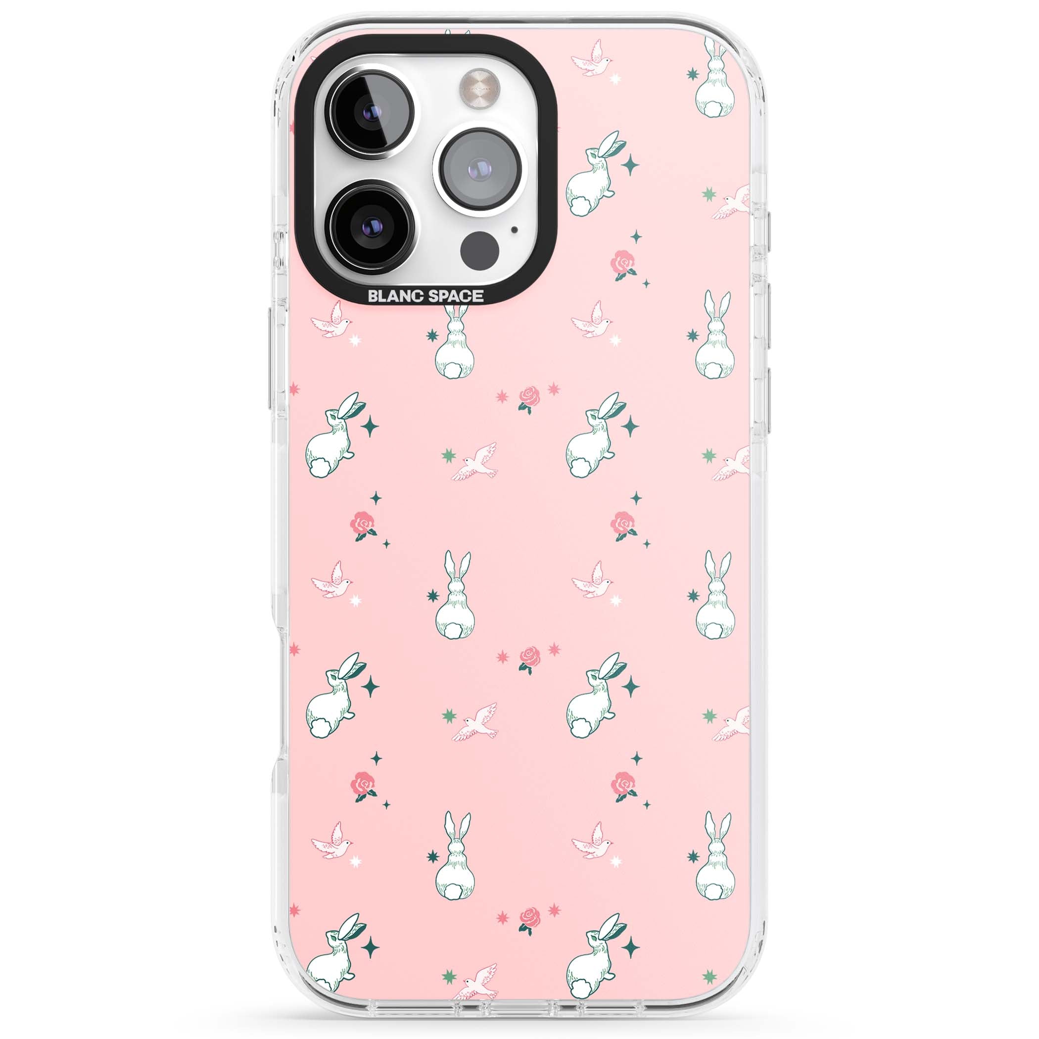 Bunny Garden kawaii iPhone case featuring white rabbits, pink roses, doves and stars on pink background | Clear Impact case for iPhone 16 Pro, iPhone 16 Pro Max