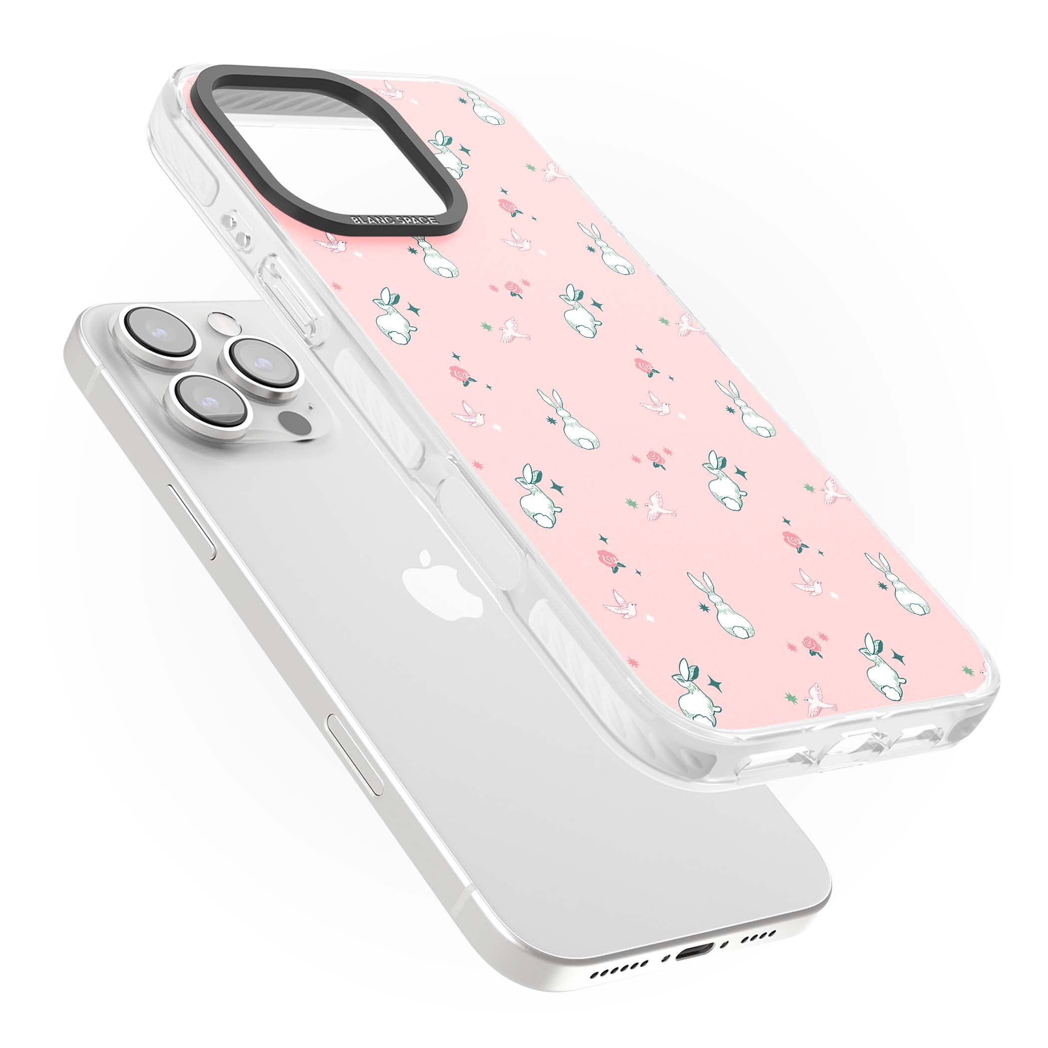 Bunny Garden kawaii iPhone case featuring white rabbits, pink roses, doves and stars on pink background | Clear Impact case for iPhone 16 Pro, iPhone 16 Pro Max