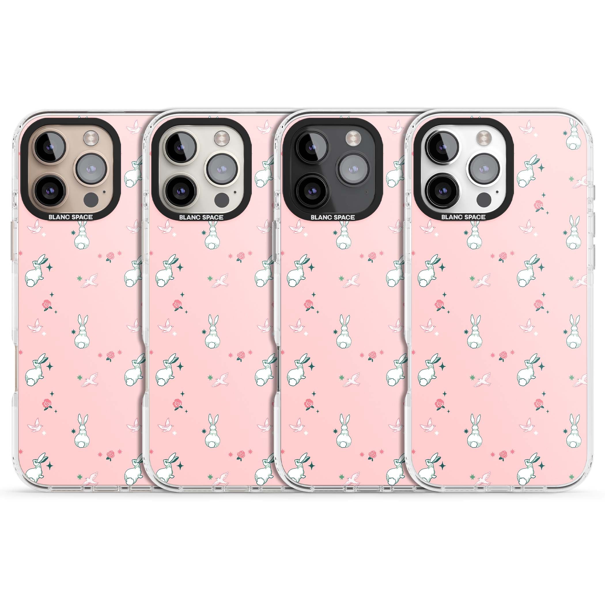 Bunny Garden kawaii iPhone case featuring white rabbits, pink roses, doves and stars on pink background | Clear Impact case for iPhone 16 Pro, iPhone 16 Pro Max