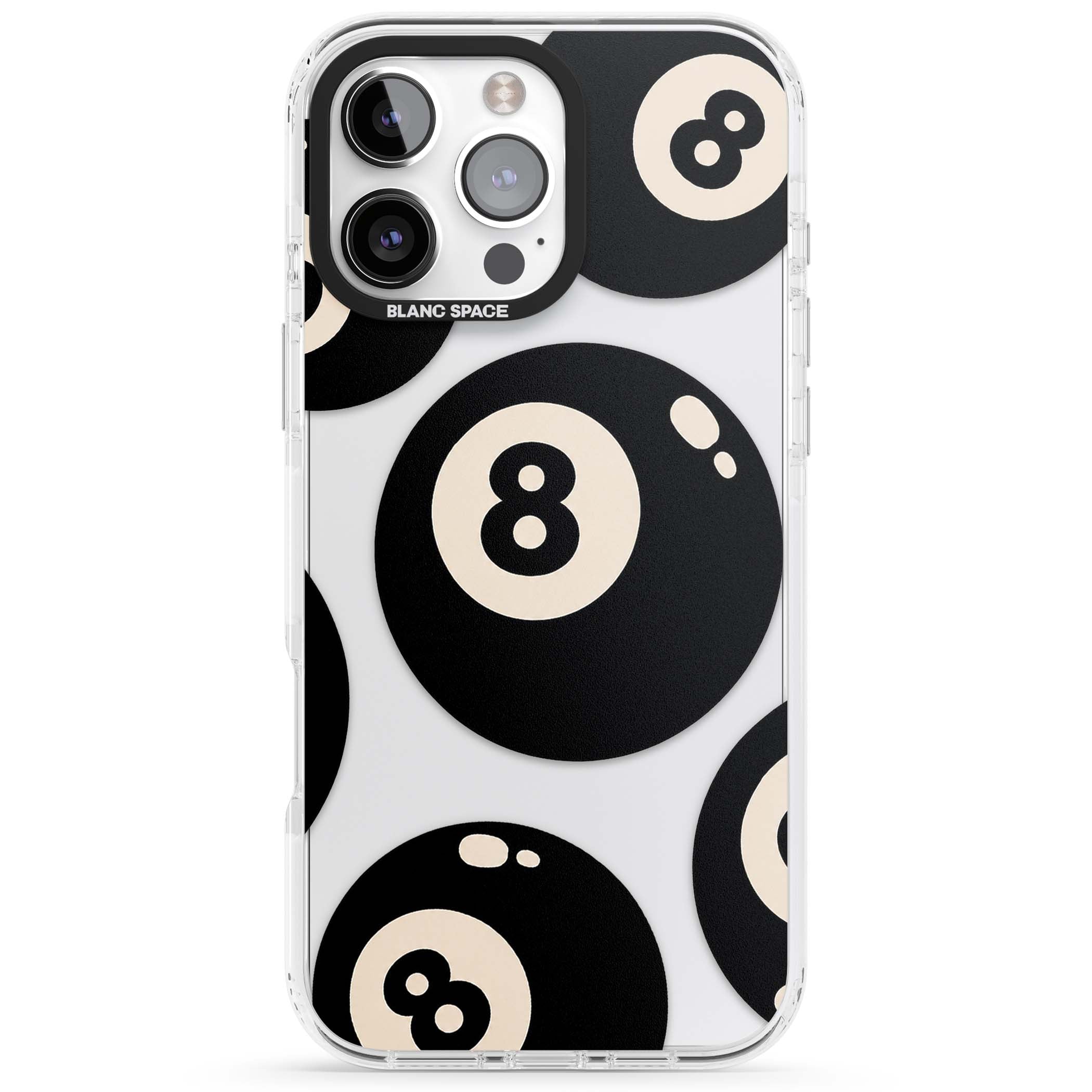 Eights y2k iPhone case featuring scattered black 8 balls with cream highlights on a clear background | Clear Impact case for iPhone 16 Pro, iPhone 16 Pro Max