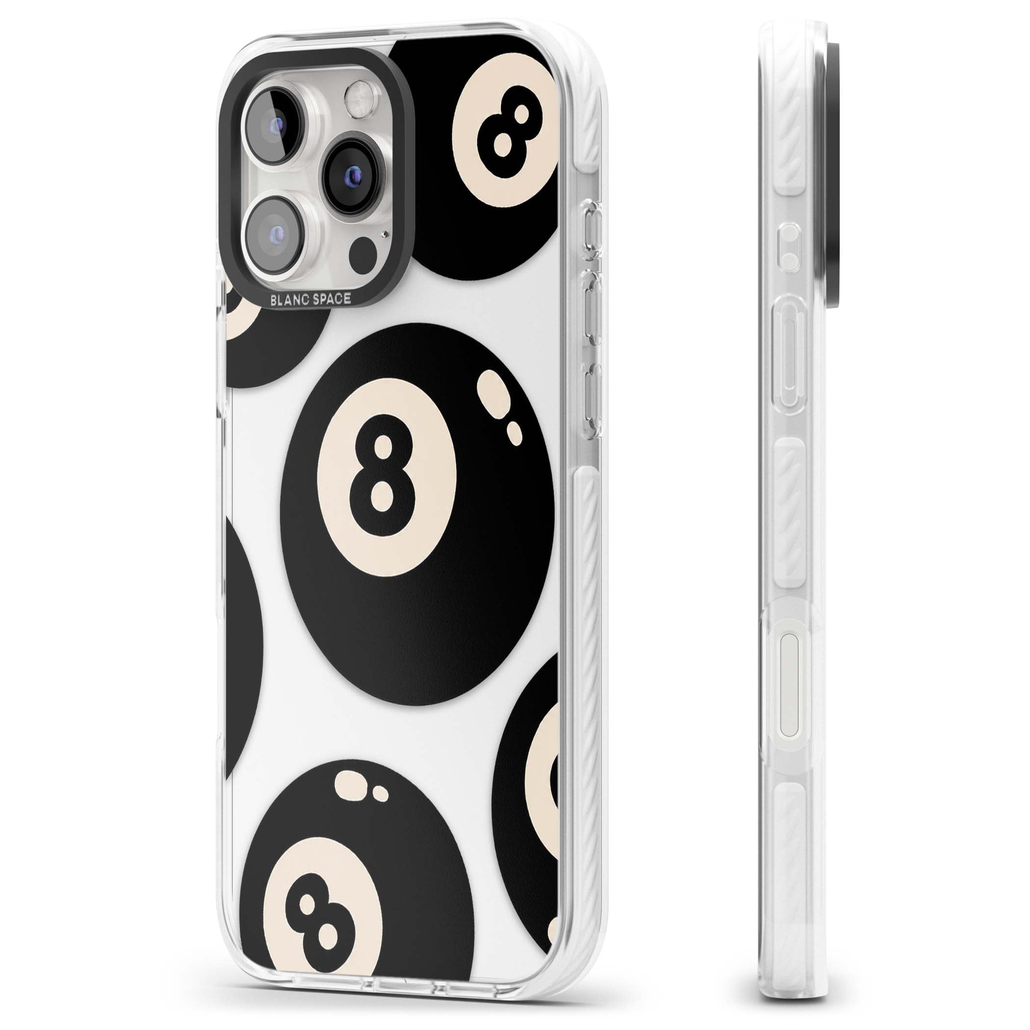 Eights y2k iPhone case featuring scattered black 8 balls with cream highlights on a clear background | Clear Impact case for iPhone 16 Pro, iPhone 16 Pro Max