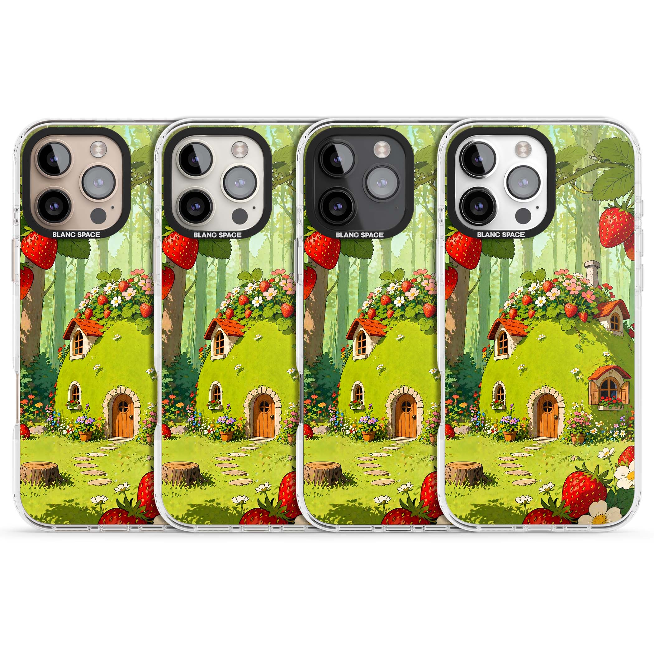 Strawberry Cottage cottagecore iPhone case featuring a green fairy house, wild strawberries and enchanted forest flowers | Clear Impact case for iPhone 16 Pro, iPhone 16 Pro Max