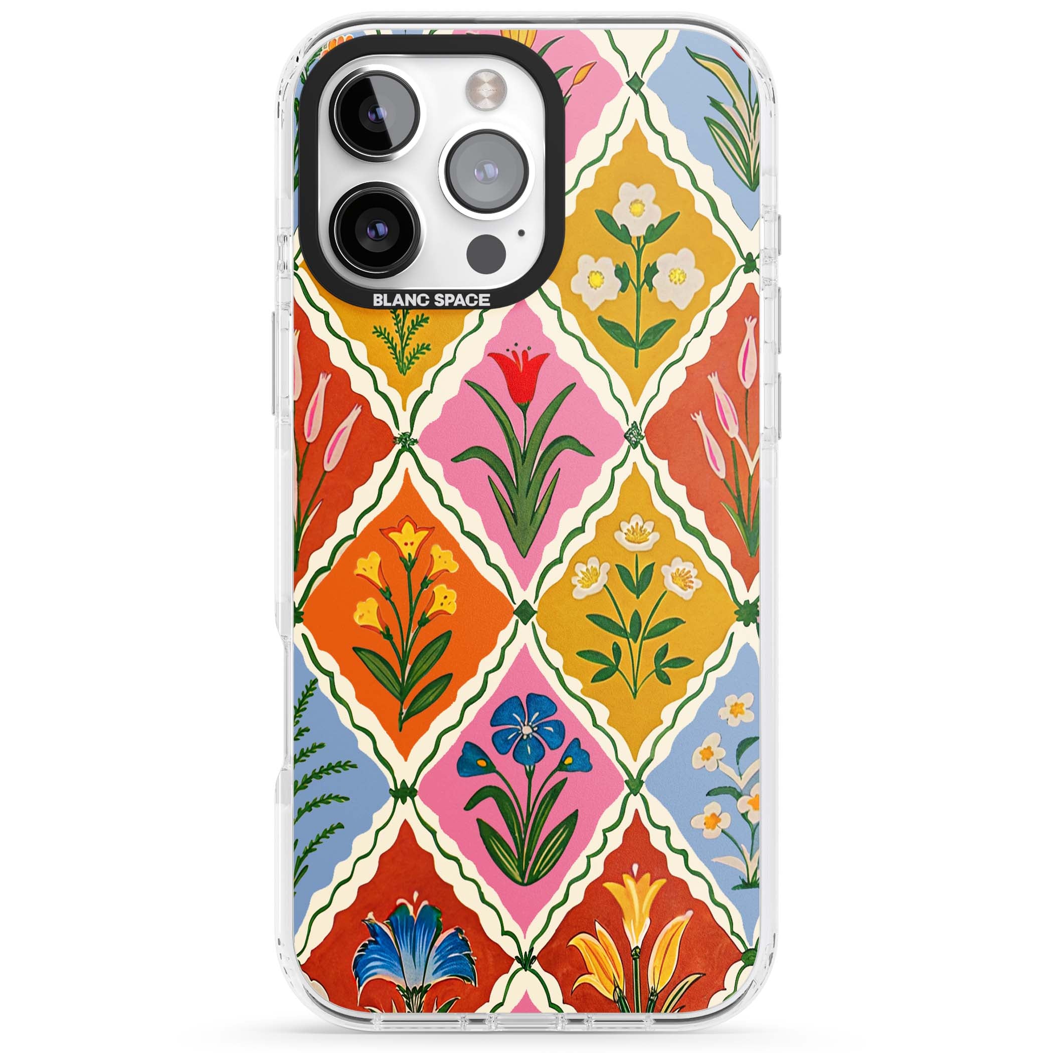 Floral Quilt boho floral iPhone case featuring diamond lattice pattern, hand-painted tulips and folk art wildflowers | Clear Impact case for iPhone 16 Pro, iPhone 16 Pro Max