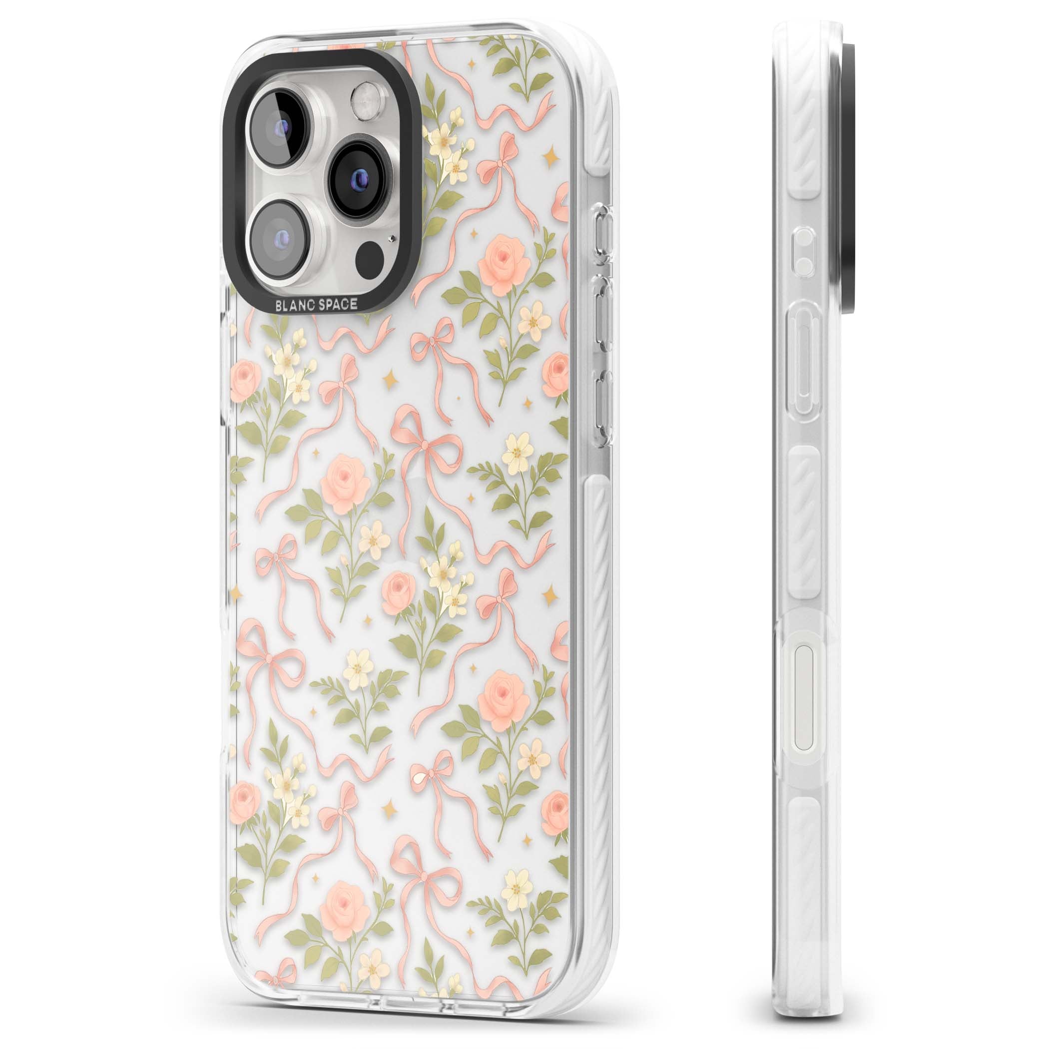 Ribbon Garden coquette iPhone case featuring pink bows, peach roses and wildflowers on white background | Clear Impact case for iPhone 16 Pro, iPhone 16 Pro Max
