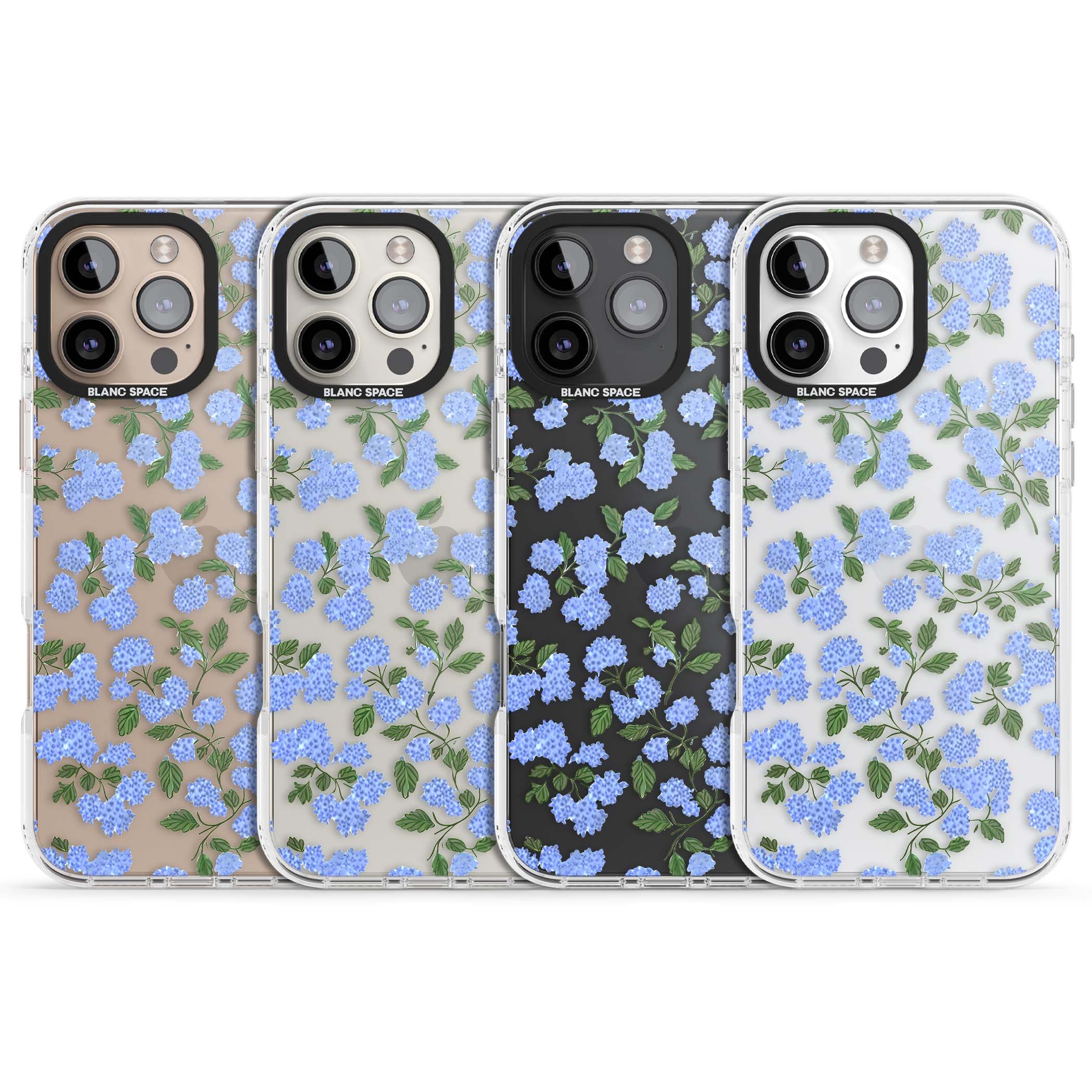 Hydrangea Dreams cottagecore iPhone case featuring soft blue hydrangea flower clusters and green leaves | Clear Impact case for iPhone 16 Pro, iPhone 16 Pro Max