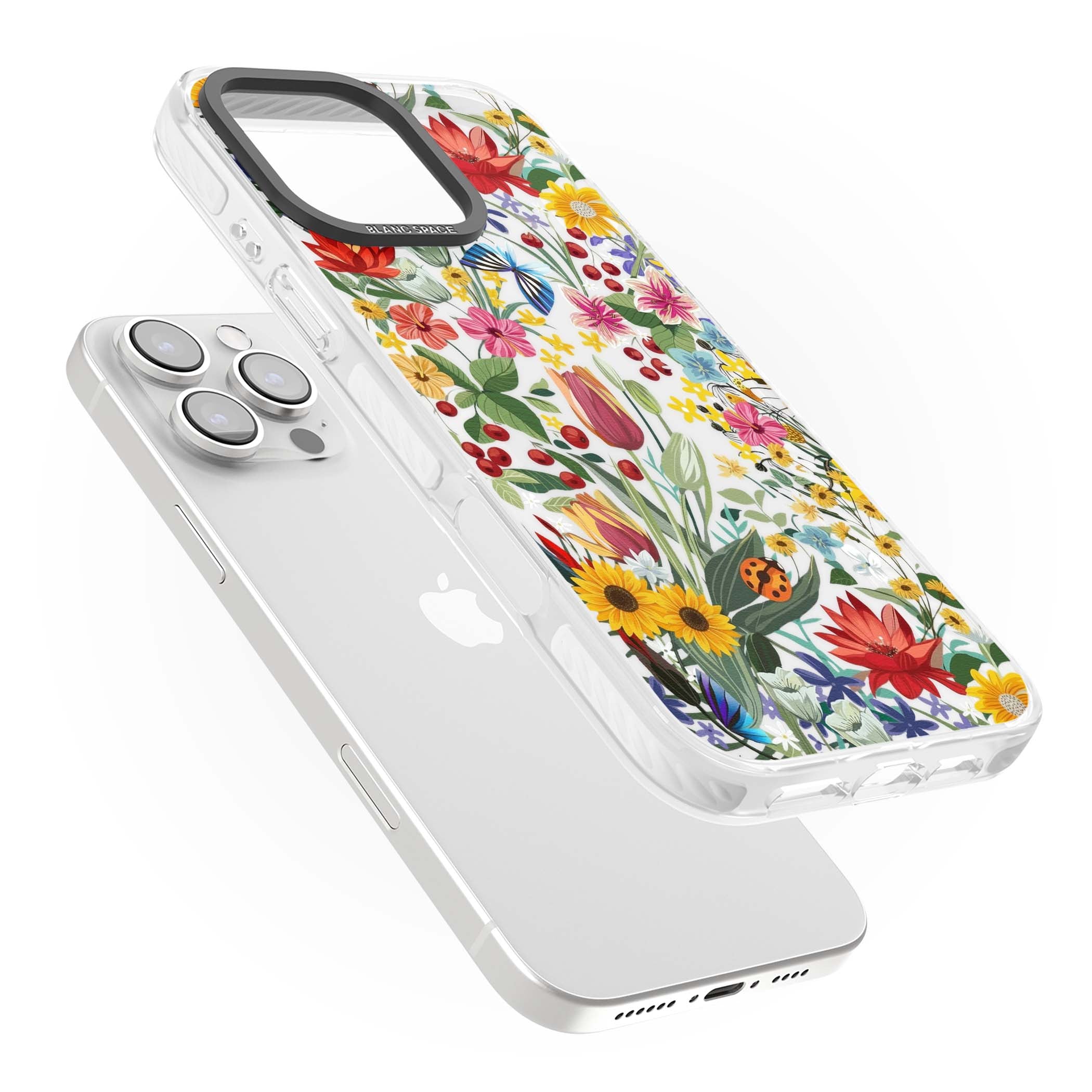 Botanical Bloom cottagecore iPhone case featuring colorful wildflowers, sunflowers, and ladybugs on clear background | Clear Impact case for iPhone 16 Pro, iPhone 16 Pro Max