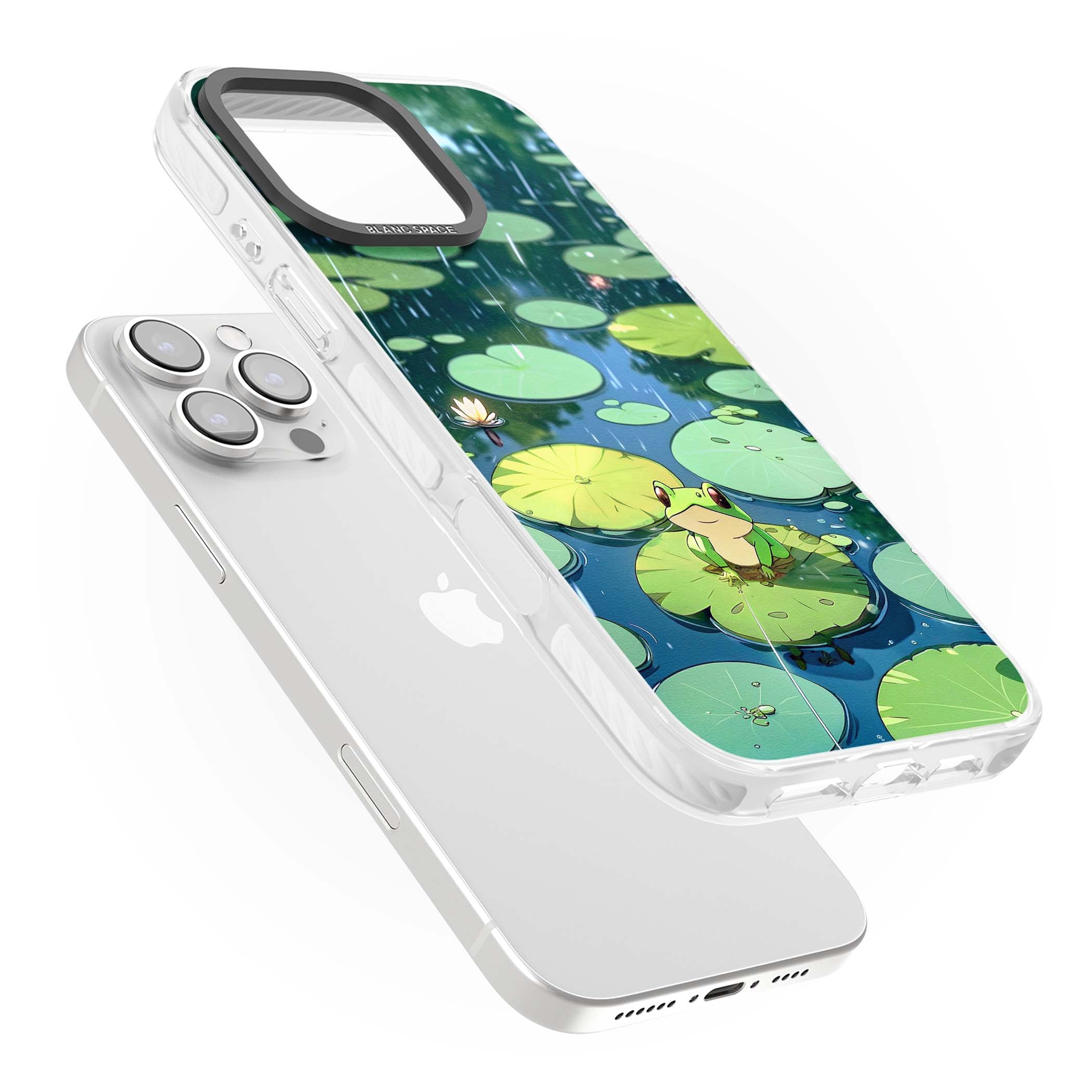 Frog In Lily Pond cottagecore iPhone case featuring a cute green frog on a lily pad with falling rain and a lotus flower | Clear Impact case for iPhone 16 Pro, iPhone 16 Pro Max