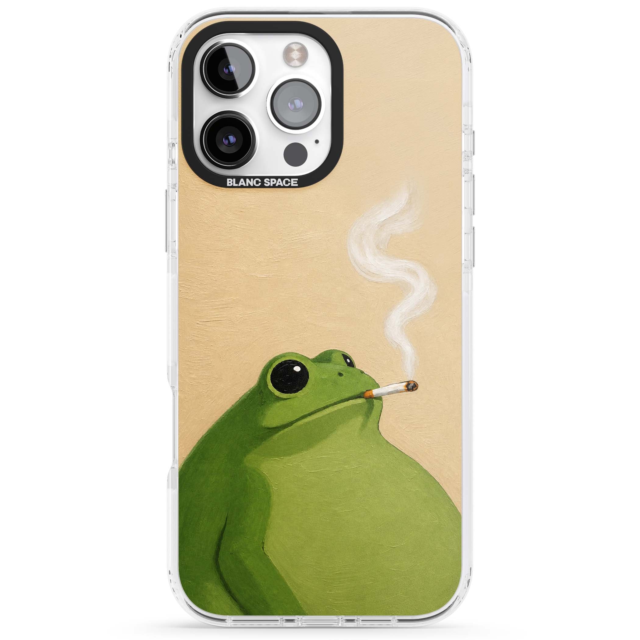 The Smoking Frog cottagecore iPhone case featuring a hand-painted green frog smoking a cigarette on a cream oil painting back | Clear Impact case for iPhone 16 Pro, iPhone 16 Pro Max