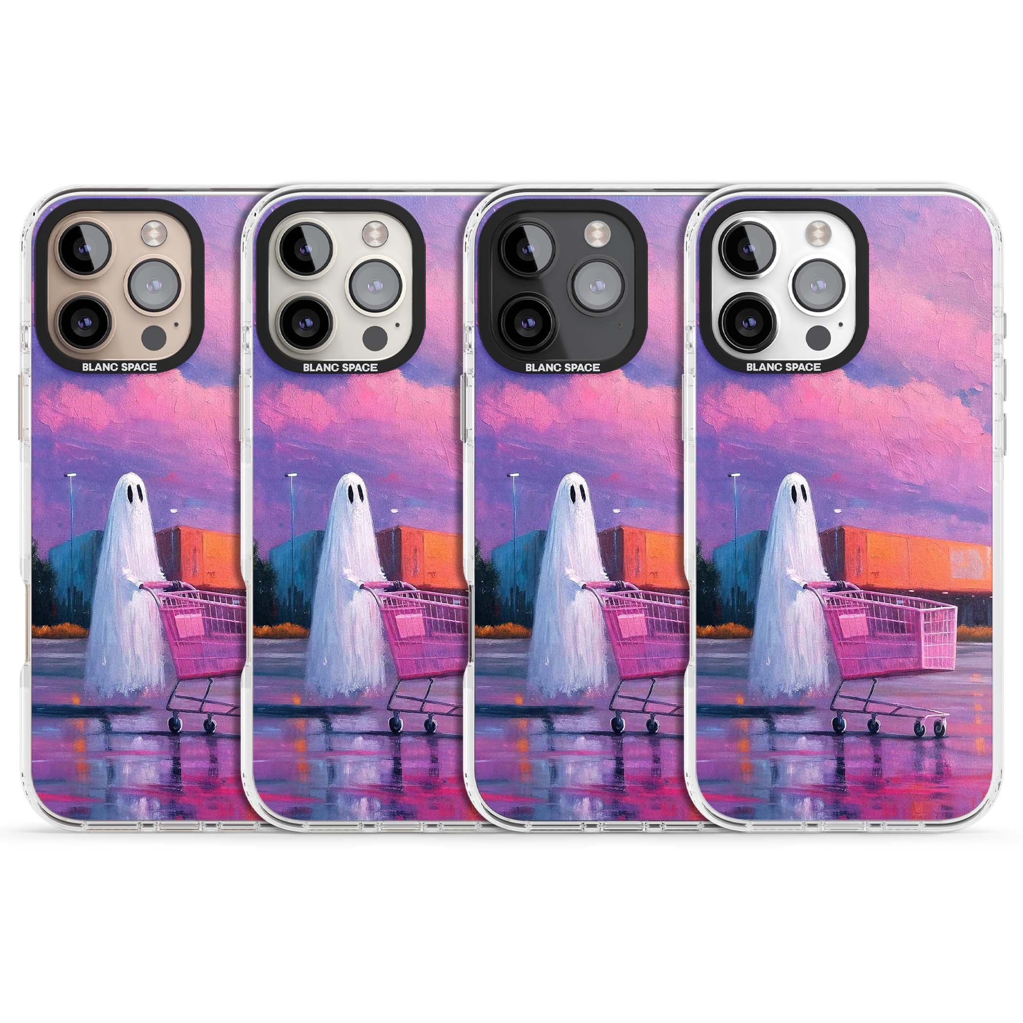 A Ghost's Errand ghost halloween iPhone case featuring a painted ghost, pink shopping trolley and purple sunset sky | Clear Impact case for iPhone 16 Pro, iPhone 16 Pro Max