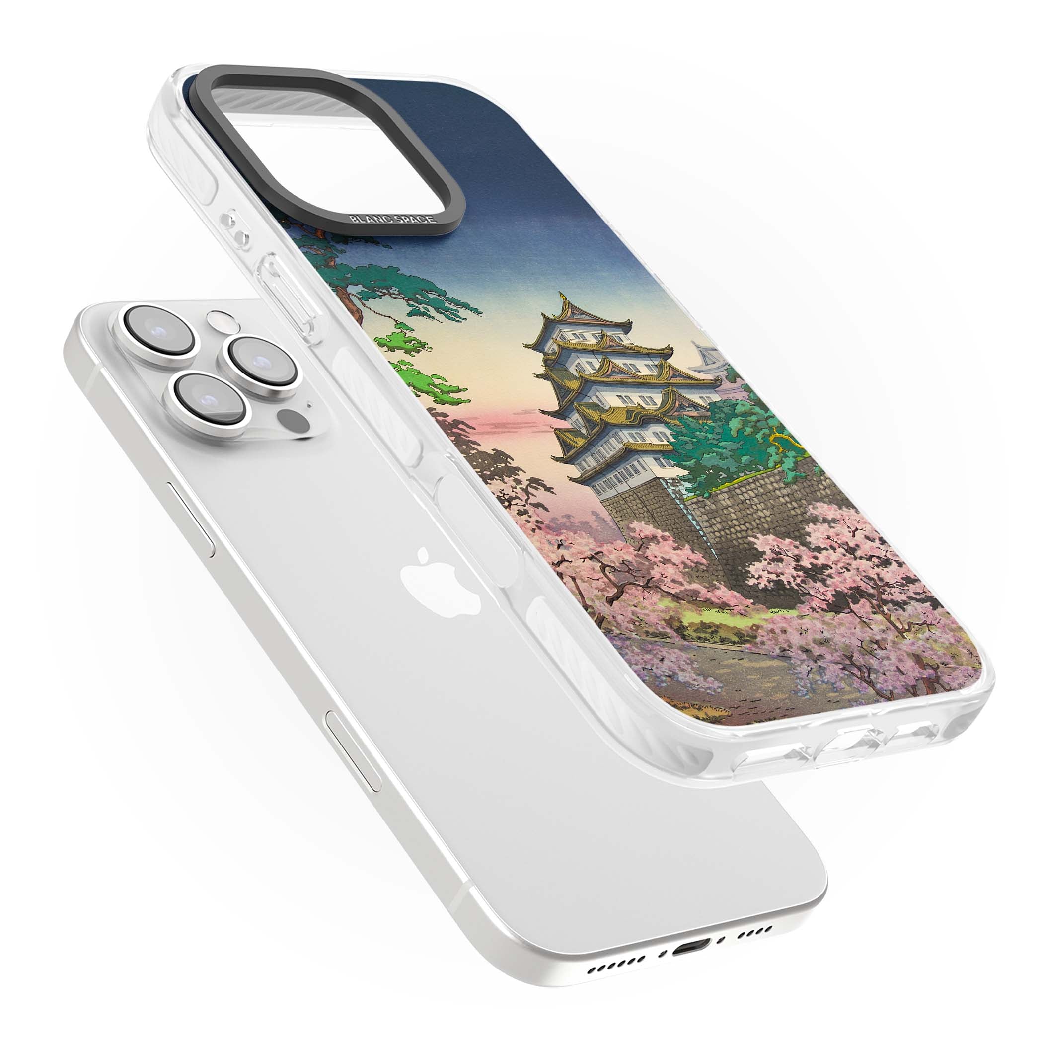Nagoya Castle Japanese iPhone case featuring a vintage pagoda, twilight sky and cherry blossom trees | Clear Impact case for iPhone 16 Pro, iPhone 16 Pro Max
