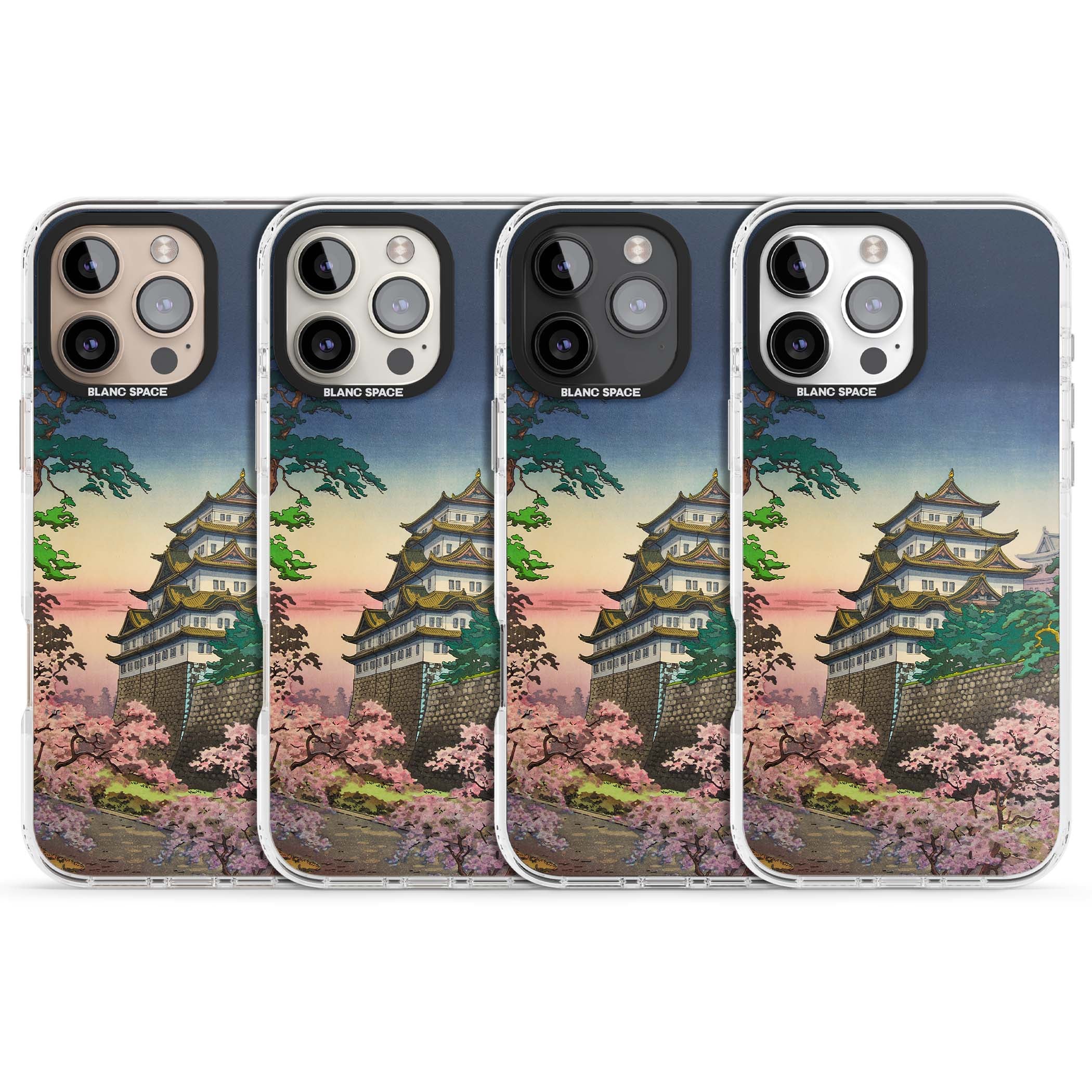 Nagoya Castle Japanese iPhone case featuring a vintage pagoda, twilight sky and cherry blossom trees | Clear Impact case for iPhone 16 Pro, iPhone 16 Pro Max