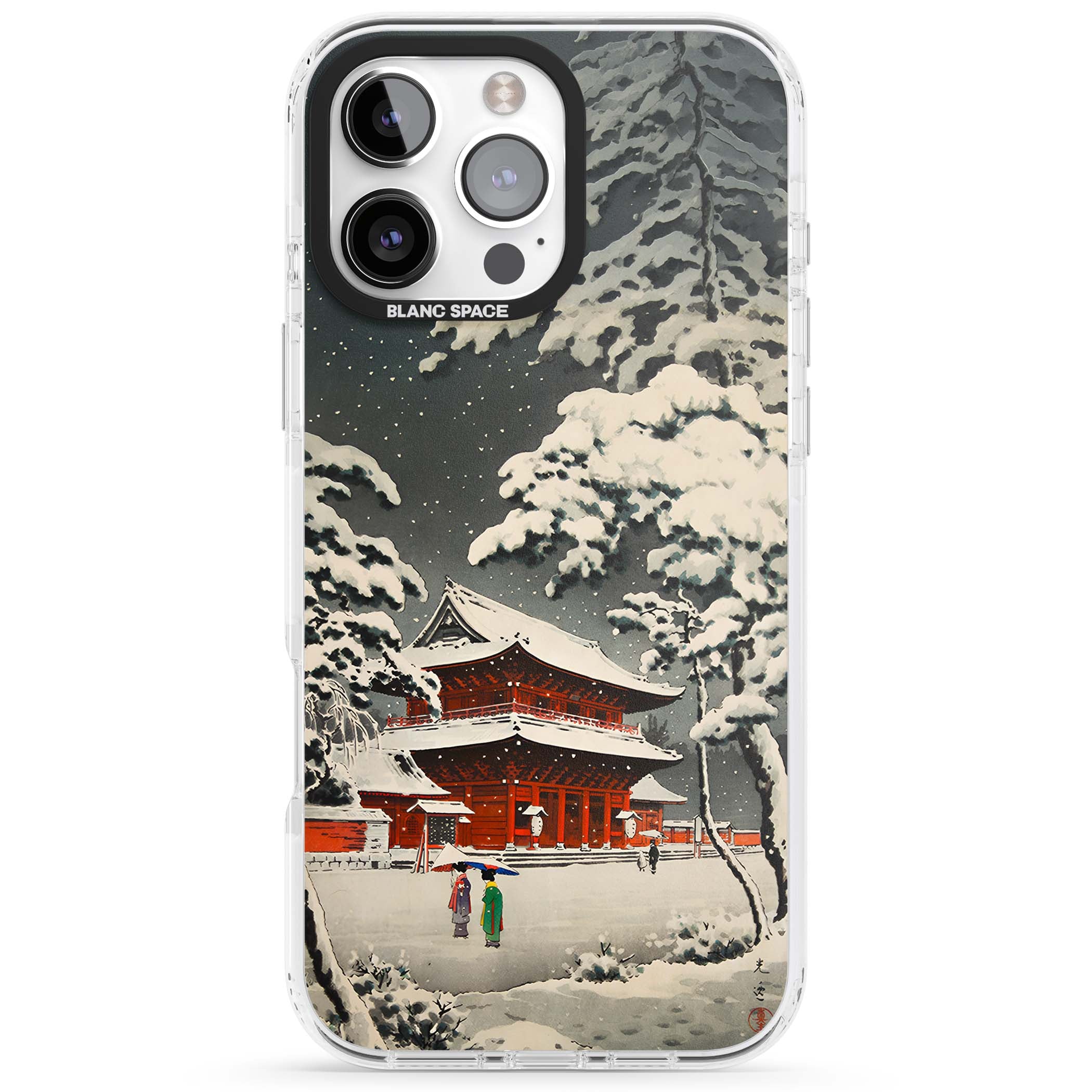Snow at Shiha Park, Tokyo Japanese art iPhone case featuring a vintage ukiyo-e snowy temple, red pagoda, and snow-covered pin | Clear Impact case for iPhone 16 Pro, iPhone 16 Pro Max