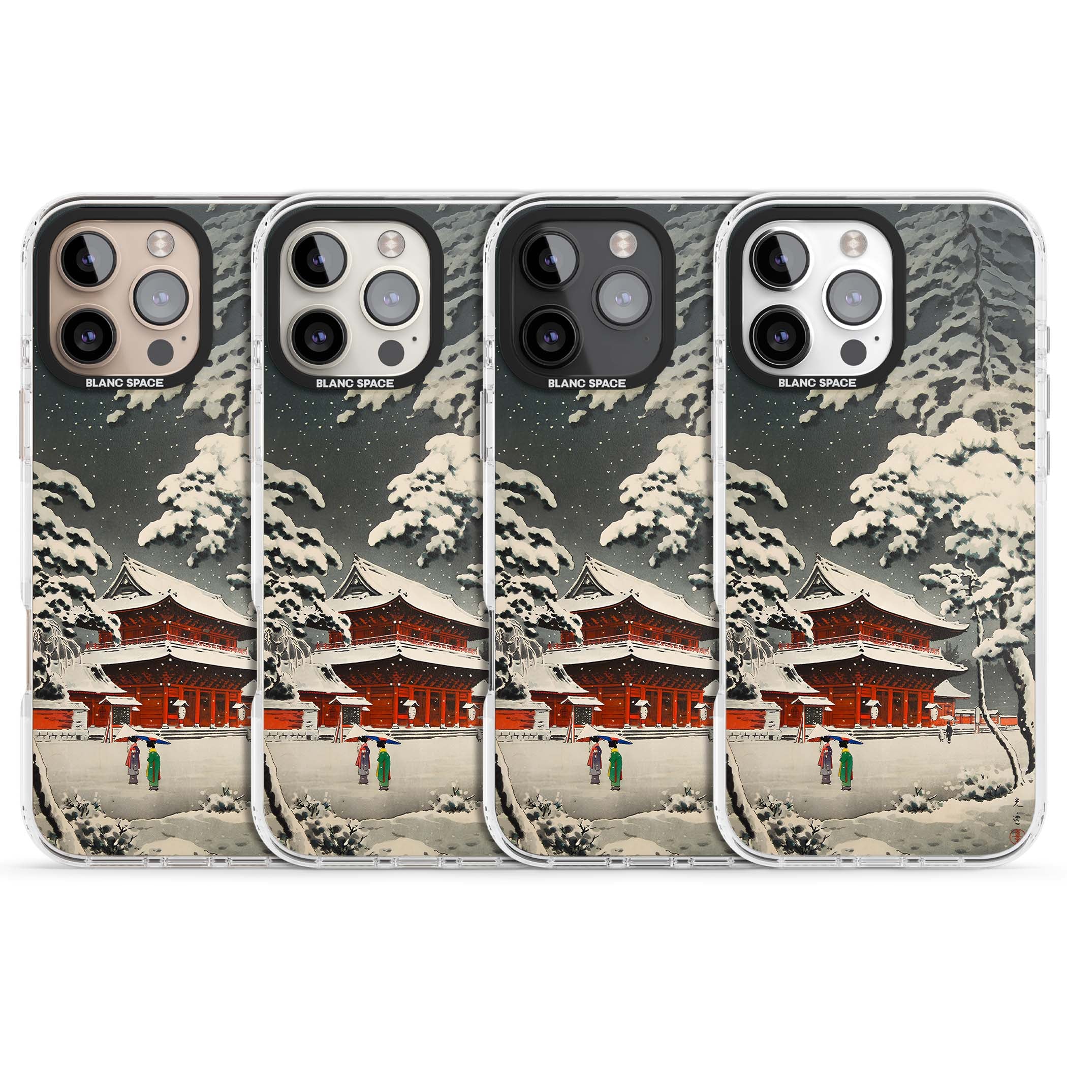 Snow at Shiha Park, Tokyo Japanese art iPhone case featuring a vintage ukiyo-e snowy temple, red pagoda, and snow-covered pin | Clear Impact case for iPhone 16 Pro, iPhone 16 Pro Max