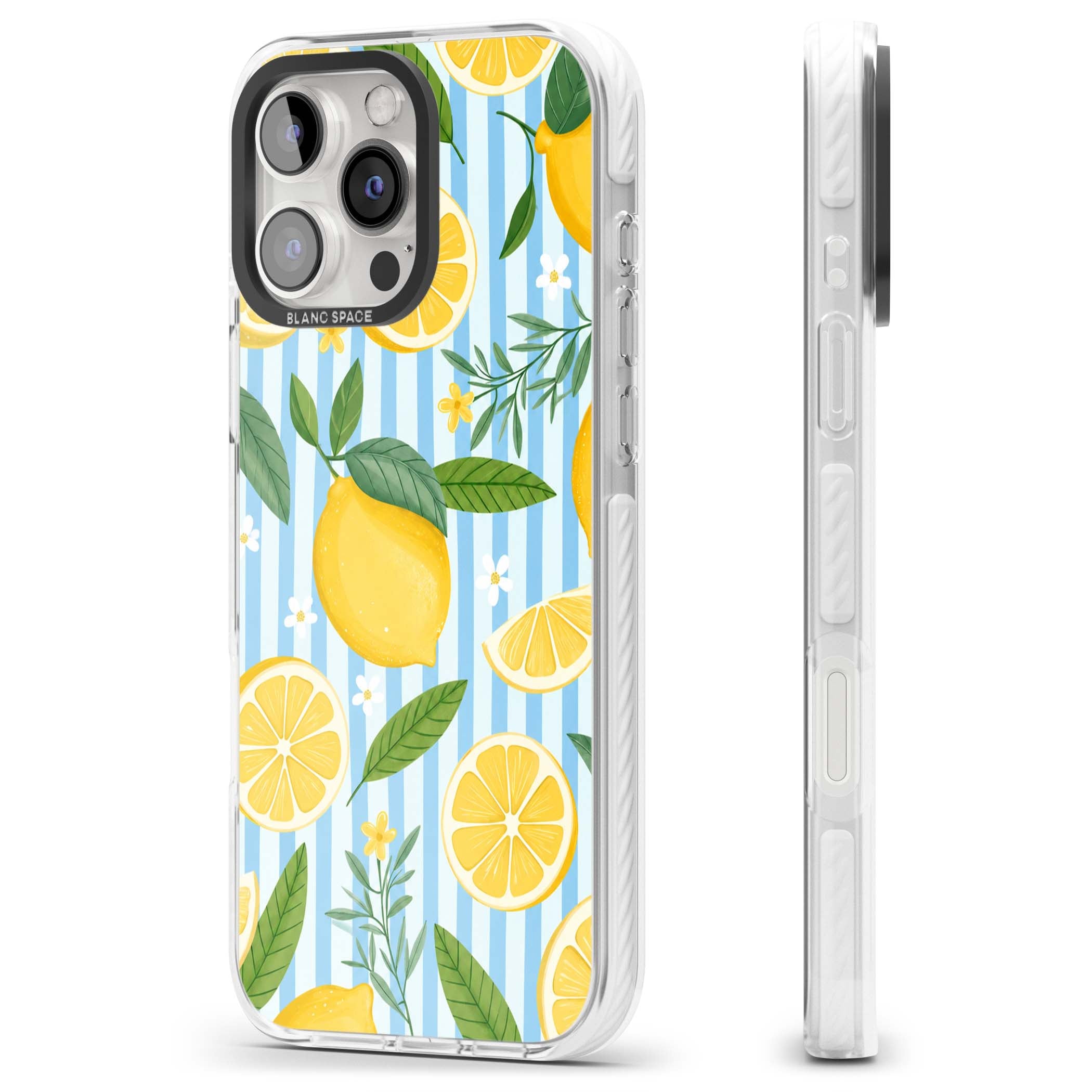Capri Citrus Stripe coastal iPhone case featuring yellow lemons, blue stripes, and white daisy blossoms | Clear Impact case for iPhone 16 Pro, iPhone 16 Pro Max