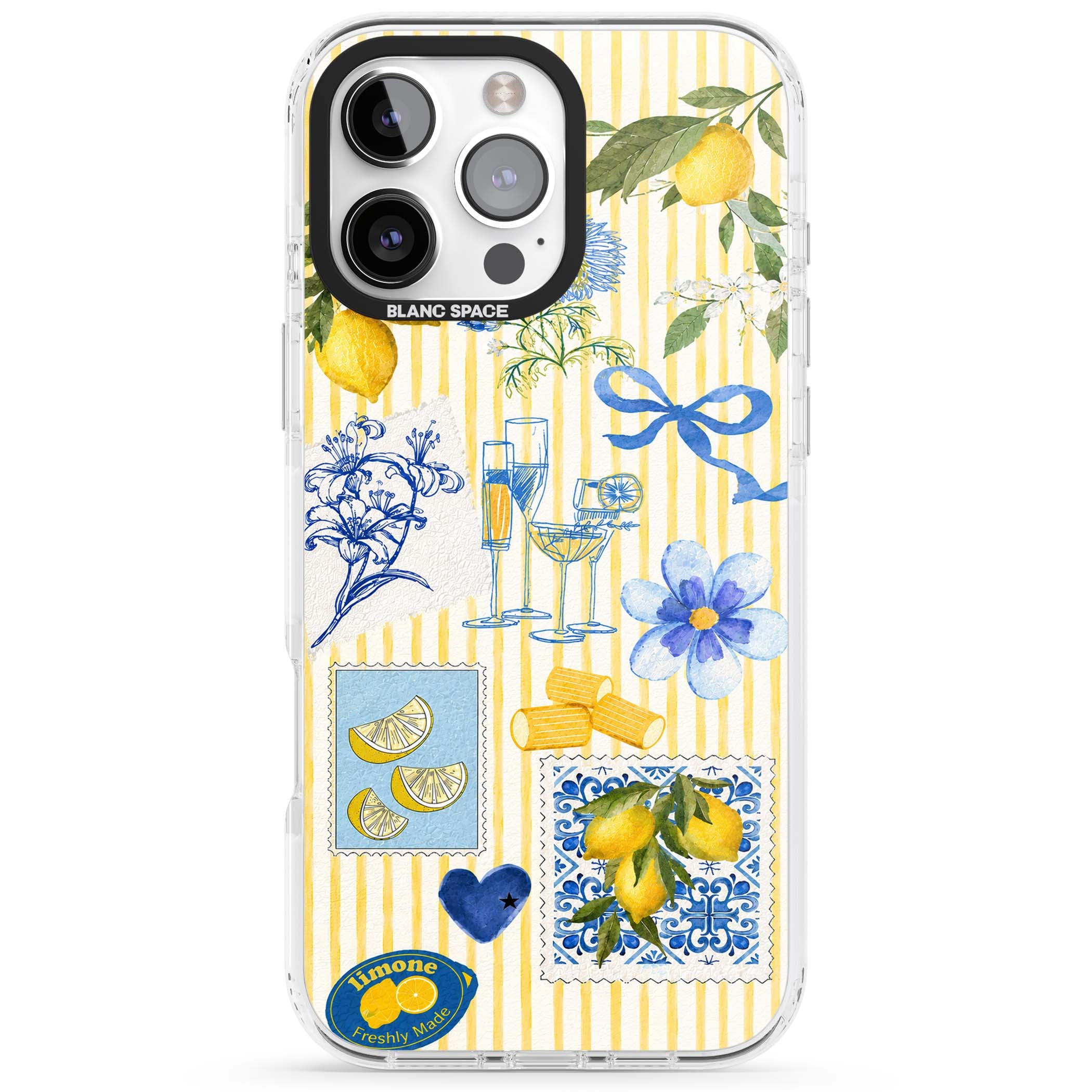 Limone Riviera Italian summer iPhone case featuring watercolour lemons, blue ribbon bows and majolica tile stamps on... | Clear Impact case for iPhone 16 Pro, iPhone 16 Pro Max