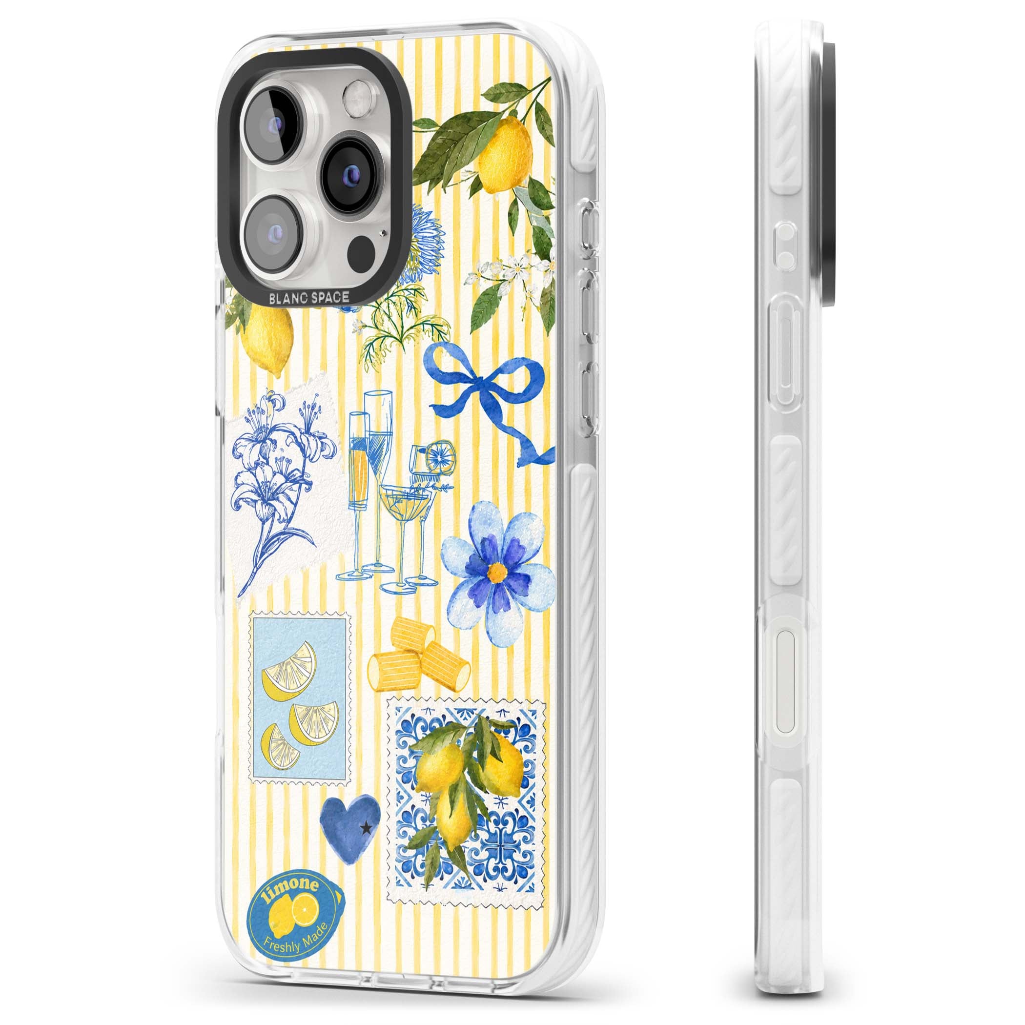 Limone Riviera Italian summer iPhone case featuring watercolour lemons, blue ribbon bows and majolica tile stamps on... | Clear Impact case for iPhone 16 Pro, iPhone 16 Pro Max