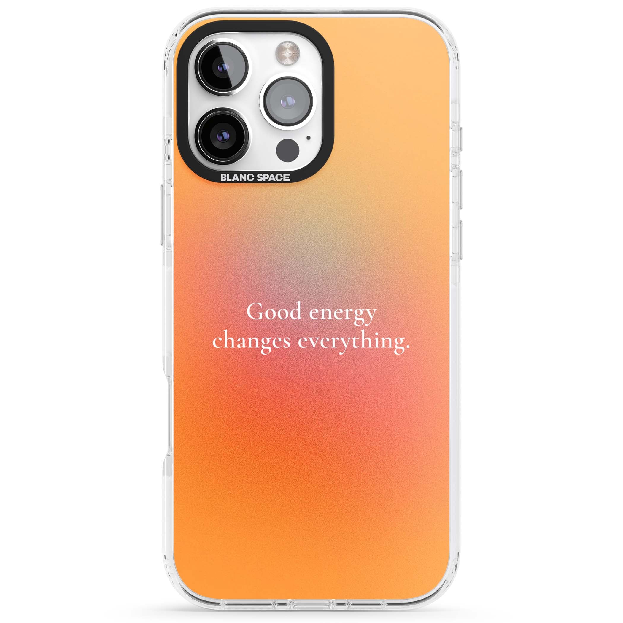 Good Energy quote iPhone case featuring an orange and pink aura gradient with white serif affirmation text | Impact Magsafe case for iPhone 16 Pro, iPhone 16 Pro Max
