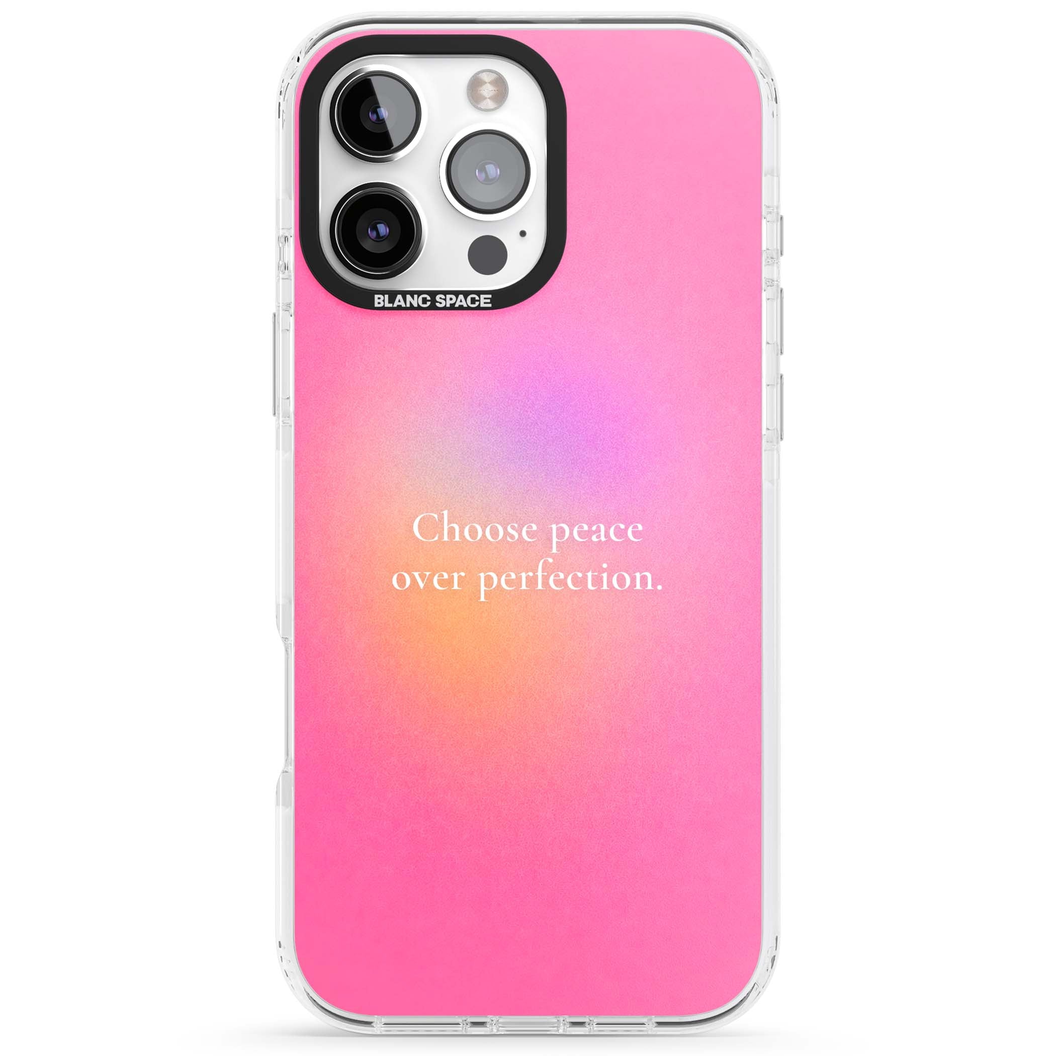 Peace Over Perfection quote iPhone case featuring a dreamy pink aura gradient and delicate white affirmation text | Impact Magsafe case for iPhone 16 Pro, iPhone 16 Pro Max
