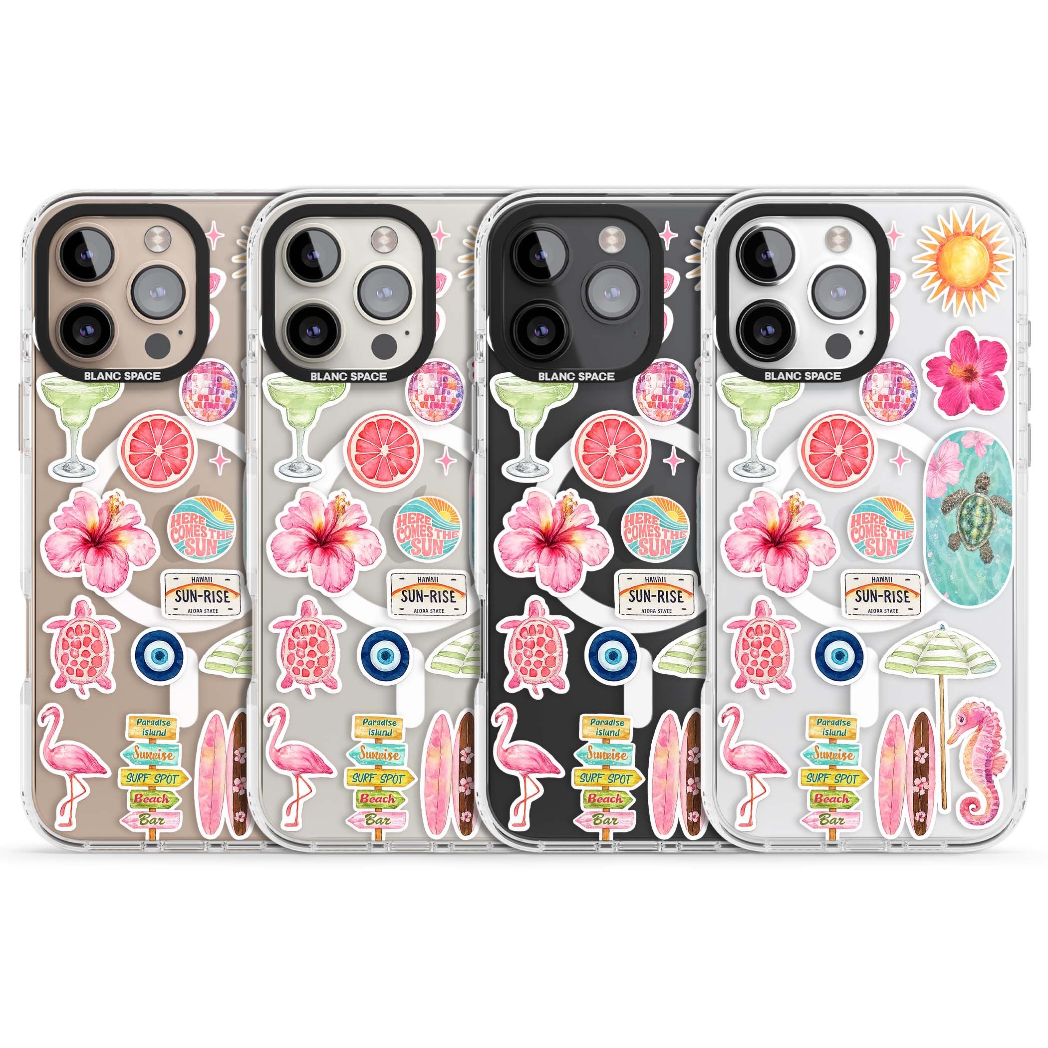 Aloha Sticker Mix tropical summer iPhone case featuring pink hibiscus, sea turtles, flamingo and beach umbrella stickers | Impact Magsafe case for iPhone 16 Pro, iPhone 16 Pro Max