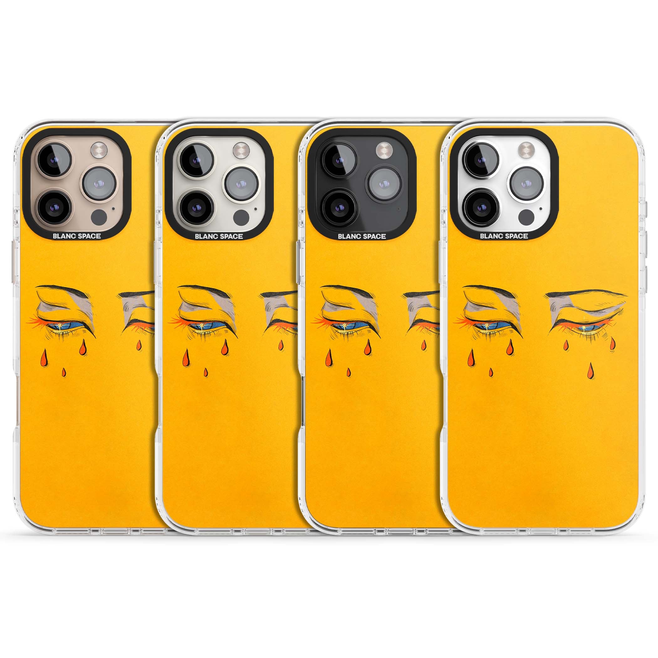 Yellow Tearful Eyes indie iPhone case featuring hand-drawn crying eyes with orange tears on a yellow background | Impact Magsafe case for iPhone 16 Pro, iPhone 16 Pro Max