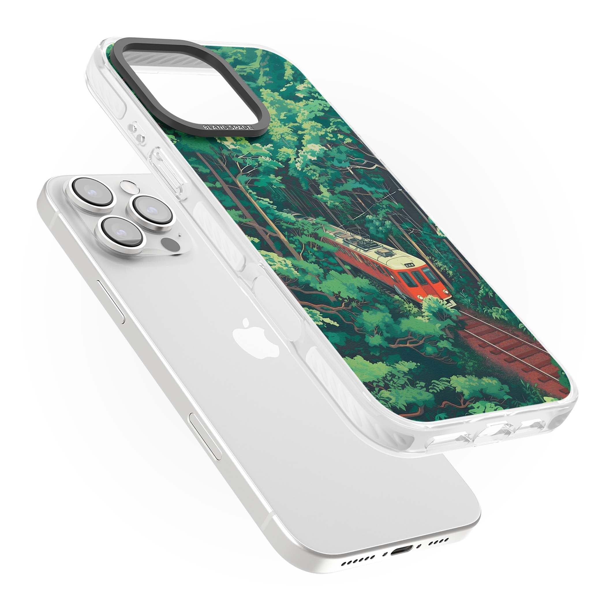Railway In Toyama Japanese iPhone case featuring a red train, cedar forest and winding mountain railway tracks | Impact Magsafe case for iPhone 16 Pro, iPhone 16 Pro Max