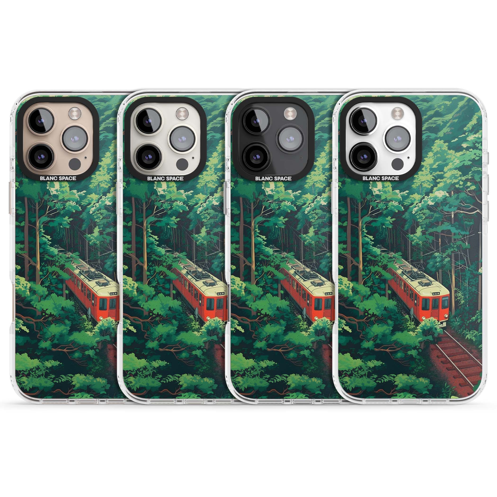 Railway In Toyama Japanese iPhone case featuring a red train, cedar forest and winding mountain railway tracks | Impact Magsafe case for iPhone 16 Pro, iPhone 16 Pro Max