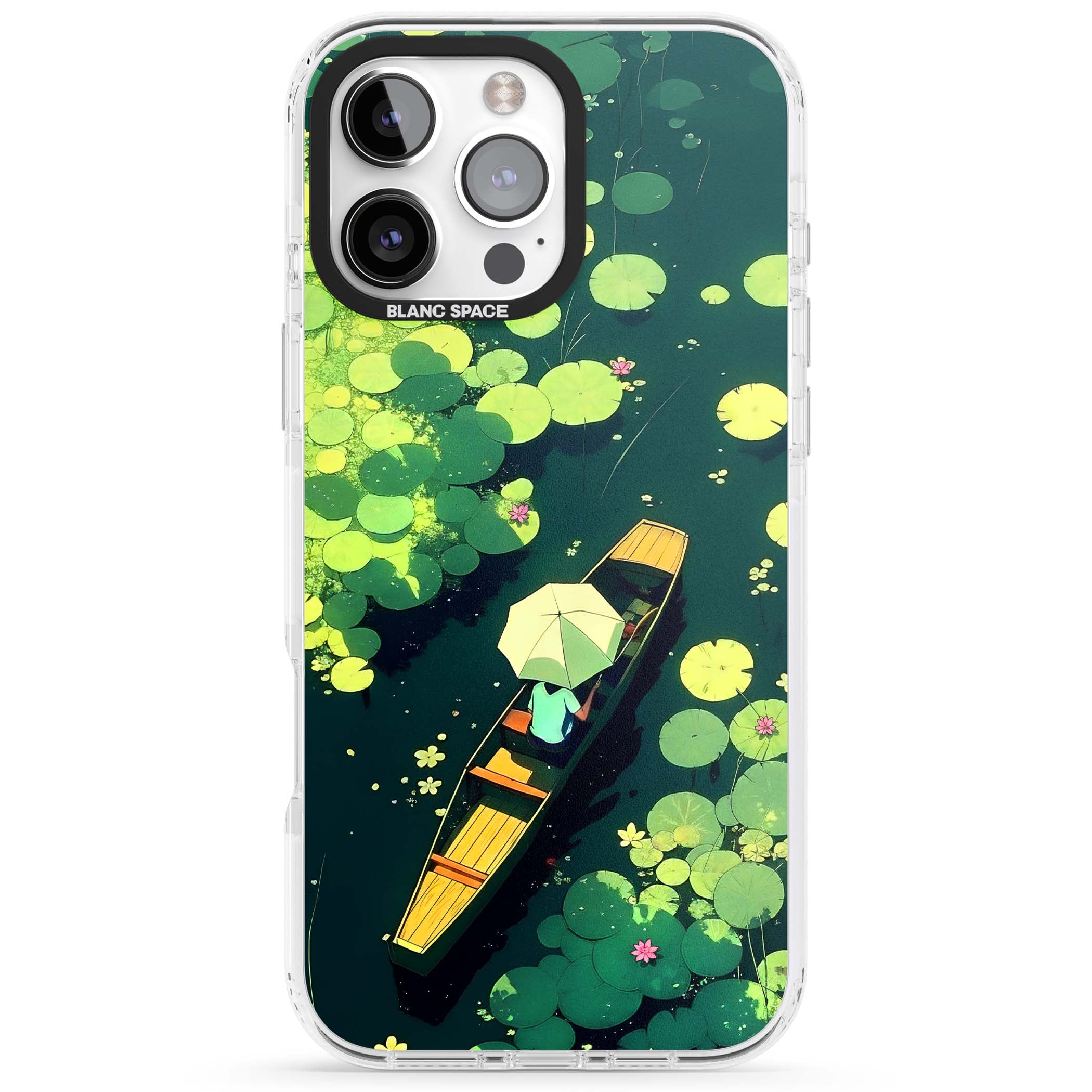 Jade Waters cottagecore iPhone case featuring a painted lily pond, wooden boat with parasol and floating water lilies | Impact Magsafe case for iPhone 16 Pro, iPhone 16 Pro Max