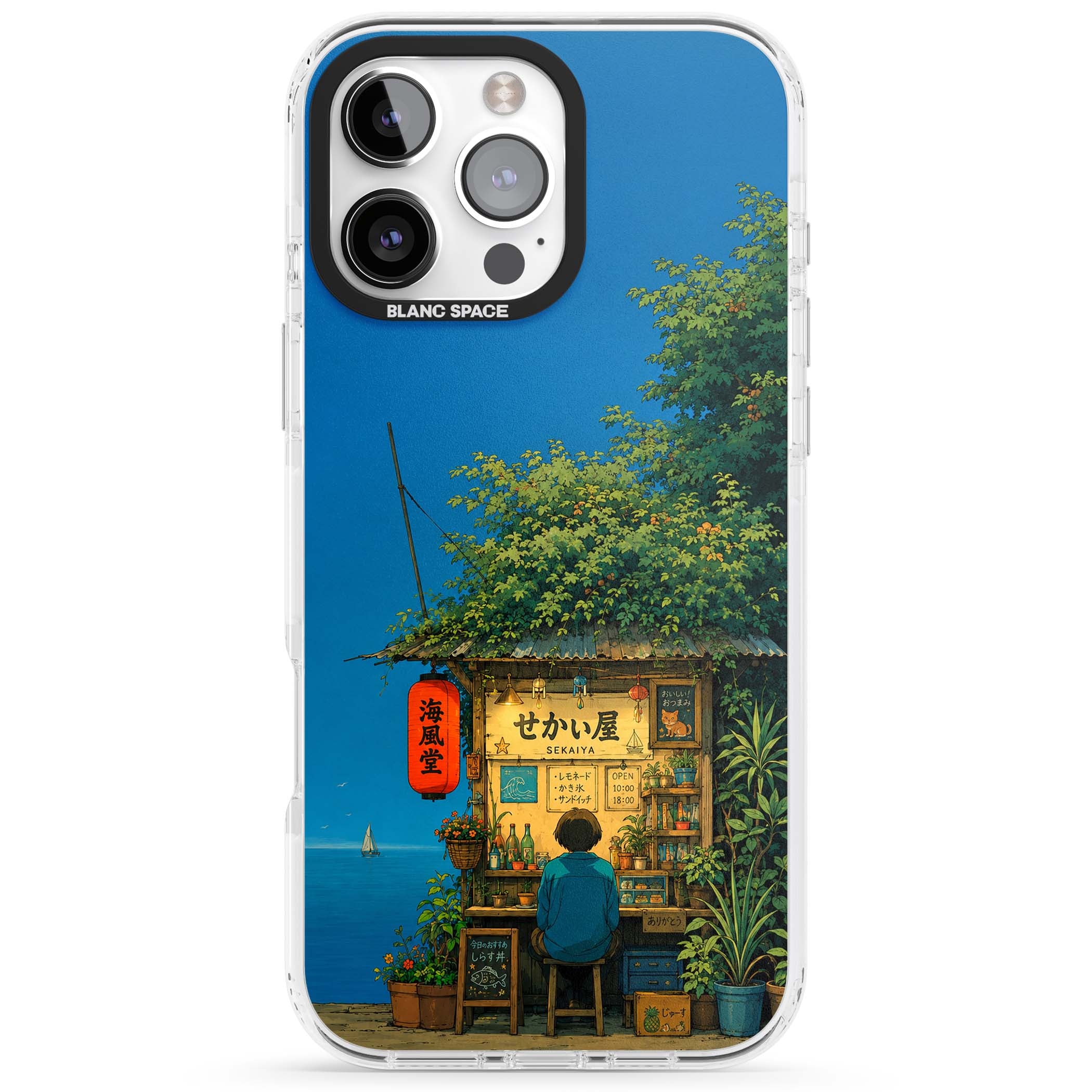 The Shirahama Kiosk anime iPhone case featuring a Japanese seaside shop, red paper lantern and ocean view | Impact Magsafe case for iPhone 16 Pro, iPhone 16 Pro Max