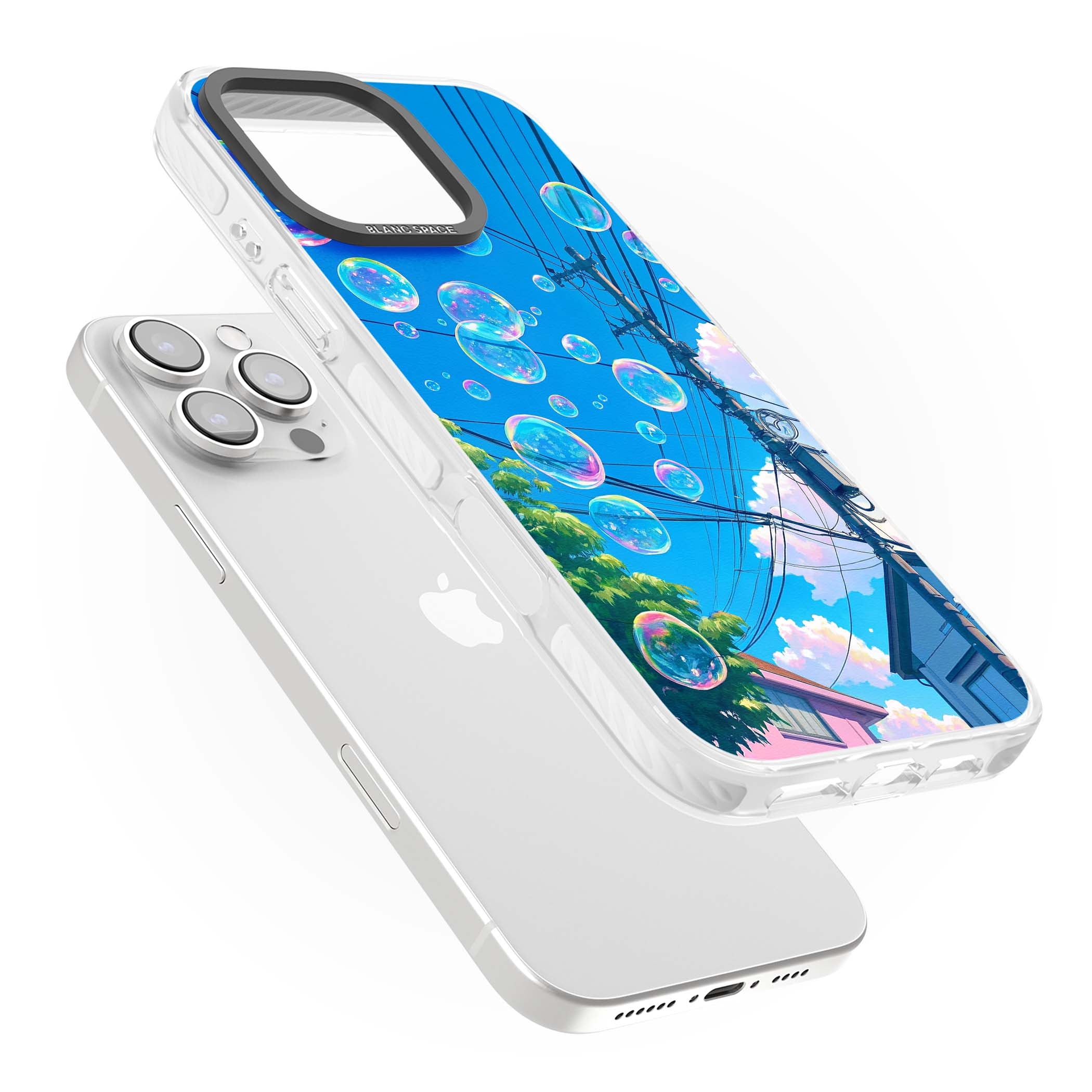 Suburban Bubbles anime iPhone case featuring iridescent soap bubbles, blue sky and Japanese telephone wires | Impact Magsafe case for iPhone 16 Pro, iPhone 16 Pro Max