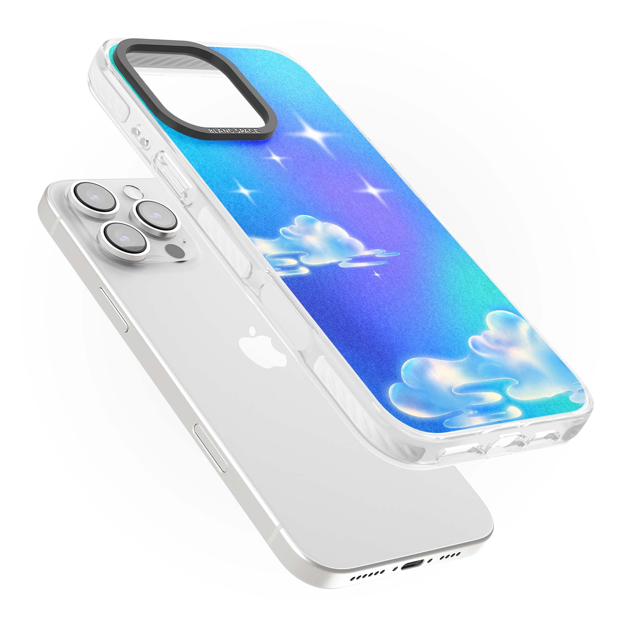 Aurora celestial iPhone case featuring dreamy iridescent clouds, sparkling stars and pastel blue purple sky | Impact Magsafe case for iPhone 16 Pro, iPhone 16 Pro Max